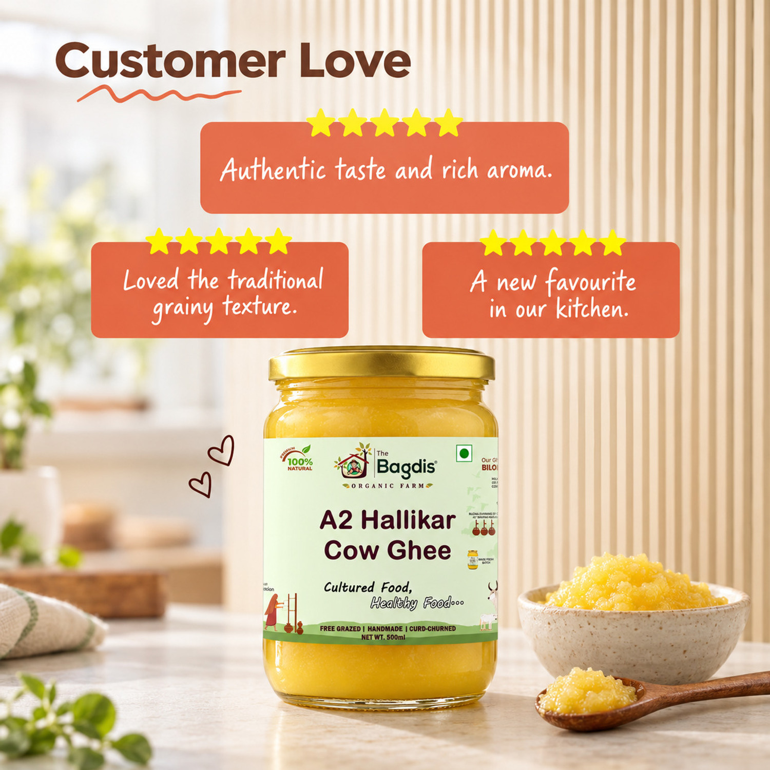 Image of The Bagdis Hallikar Cow A2 Ghee 1L, Bilona Method Ghee, Organic Ghee, Pure Ghee Ghee Glass Bottle