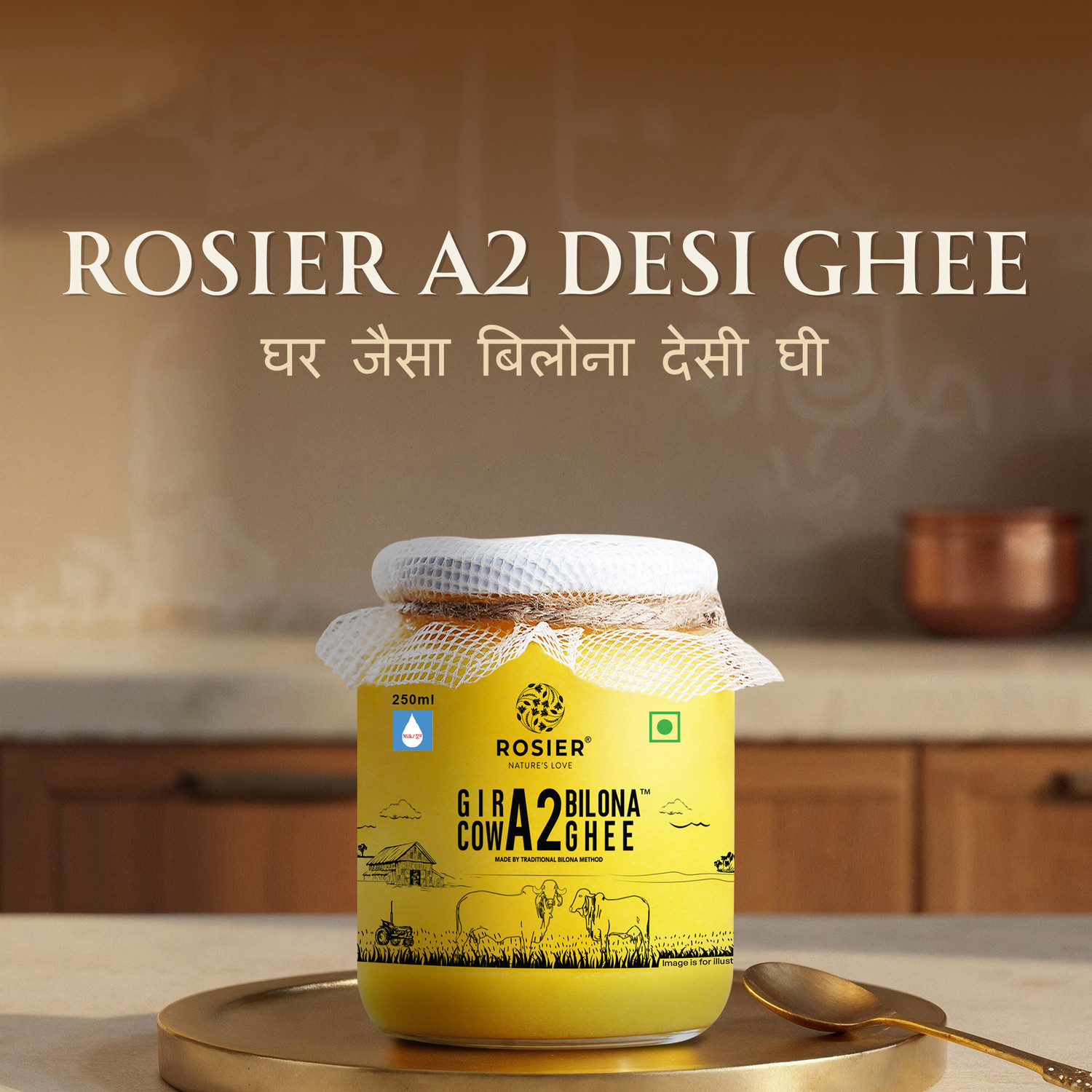 Image of ROSIER A2 Gir Cow Ghee 250ml Traditional Bilona Method A2 Ghee Pure & Healthy Desi Ghee Ghee Glass Bottle
