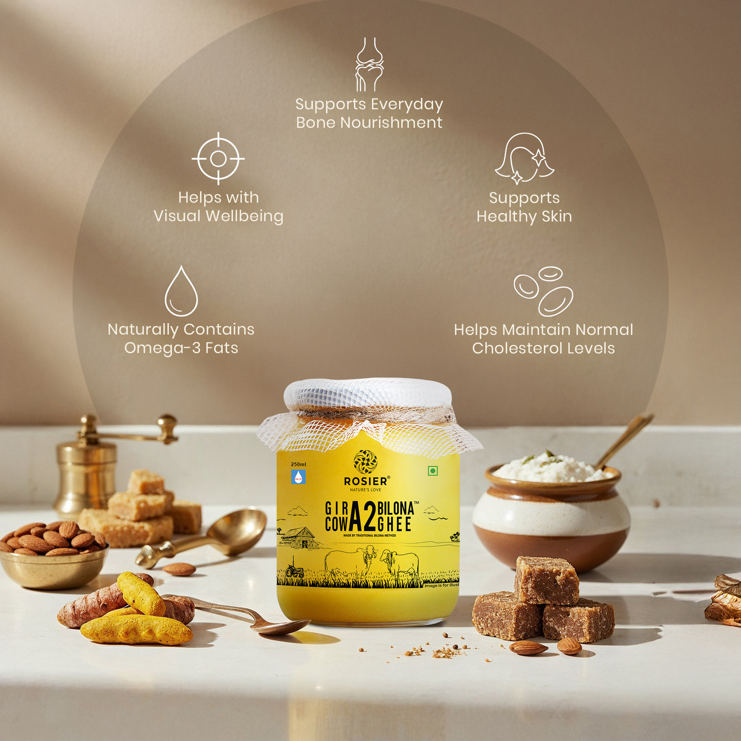 Image of ROSIER A2 Gir Cow Ghee 250ml Traditional Bilona Method A2 Ghee Pure & Healthy Desi Ghee Ghee Glass Bottle