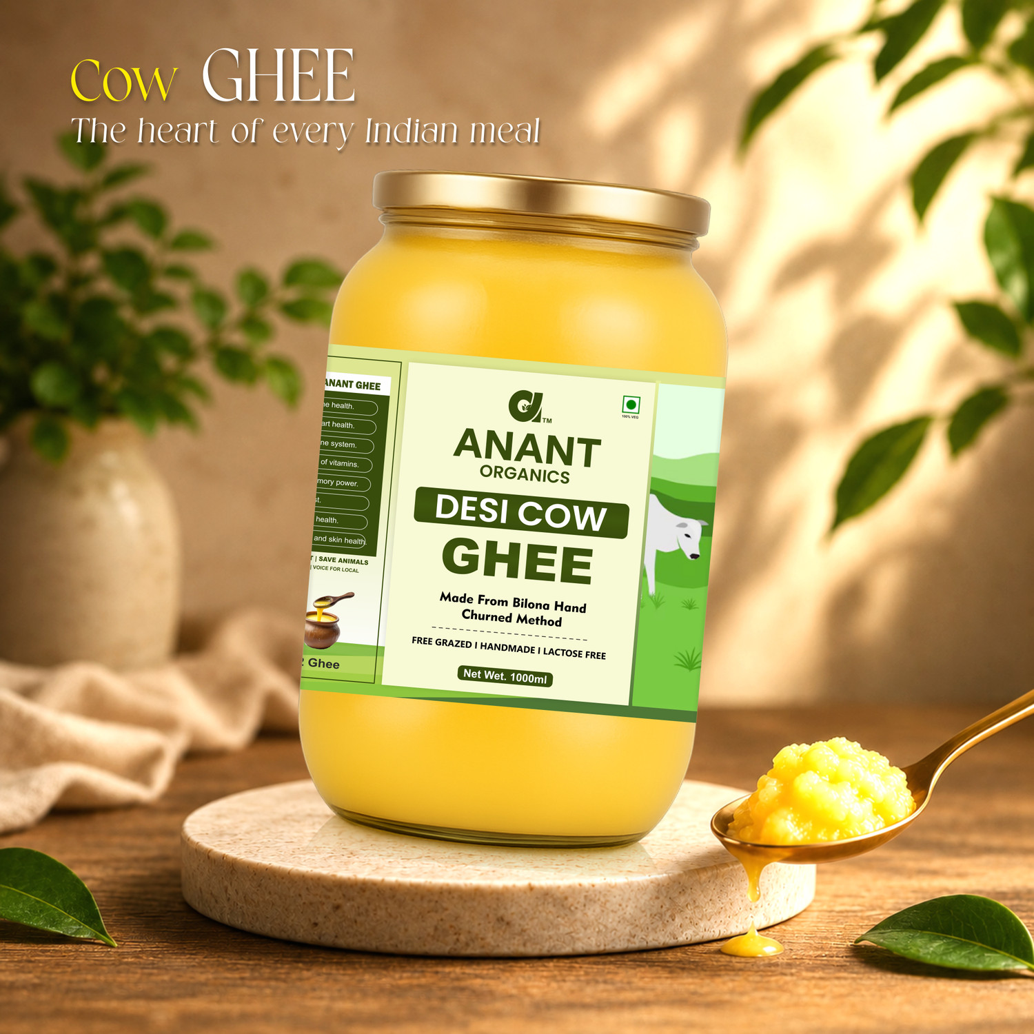 Image of Anant Organics Desi Cow Ghee Made from Bilona Hand Churned Method | Traditional Desi Cow Ghee Glass Bottle (1000 ml)