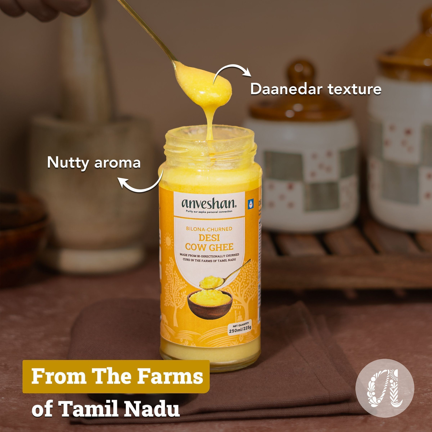 Image of Anveshan Bilona-Churned A2 Cow Ghee Glass Bottle (250 ml)