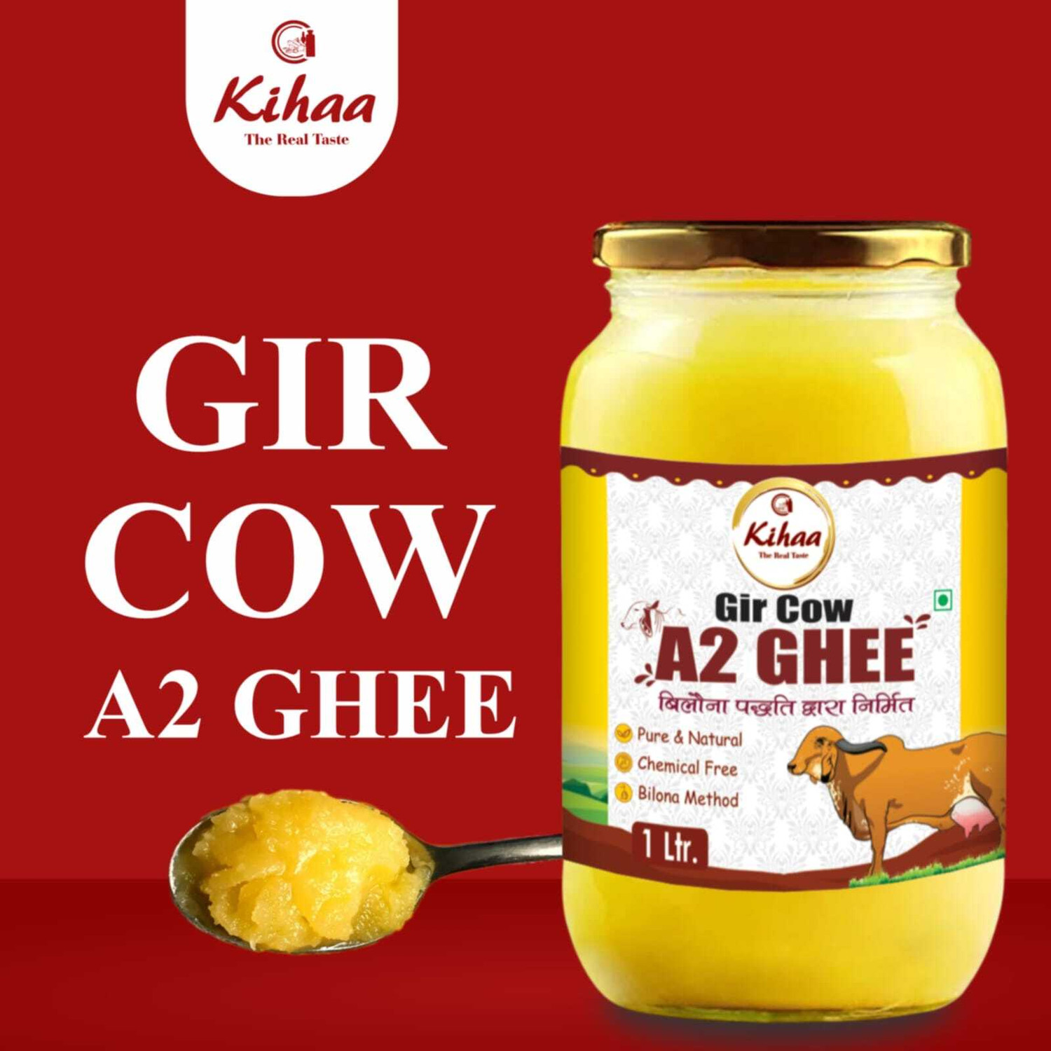 Image of Kihaa Organic Ghee| A2 Cow Ghee| Desi Ghee| Cow Ghee| Pure,Natural & Health Glass Bottle