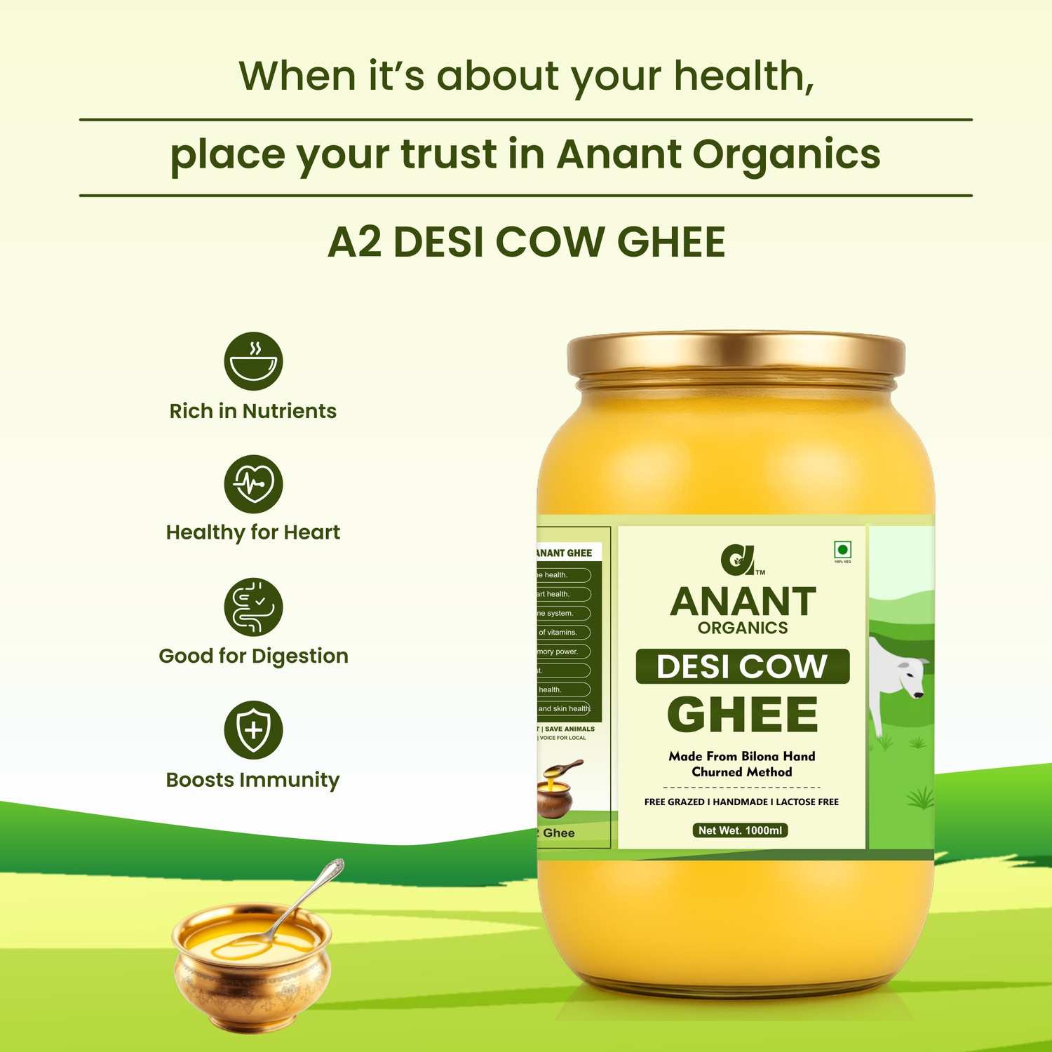 Image of Anant Organics Desi Cow Ghee Made from Bilona Hand Churned Method | Traditional Desi Cow Ghee Glass Bottle (1000 ml)