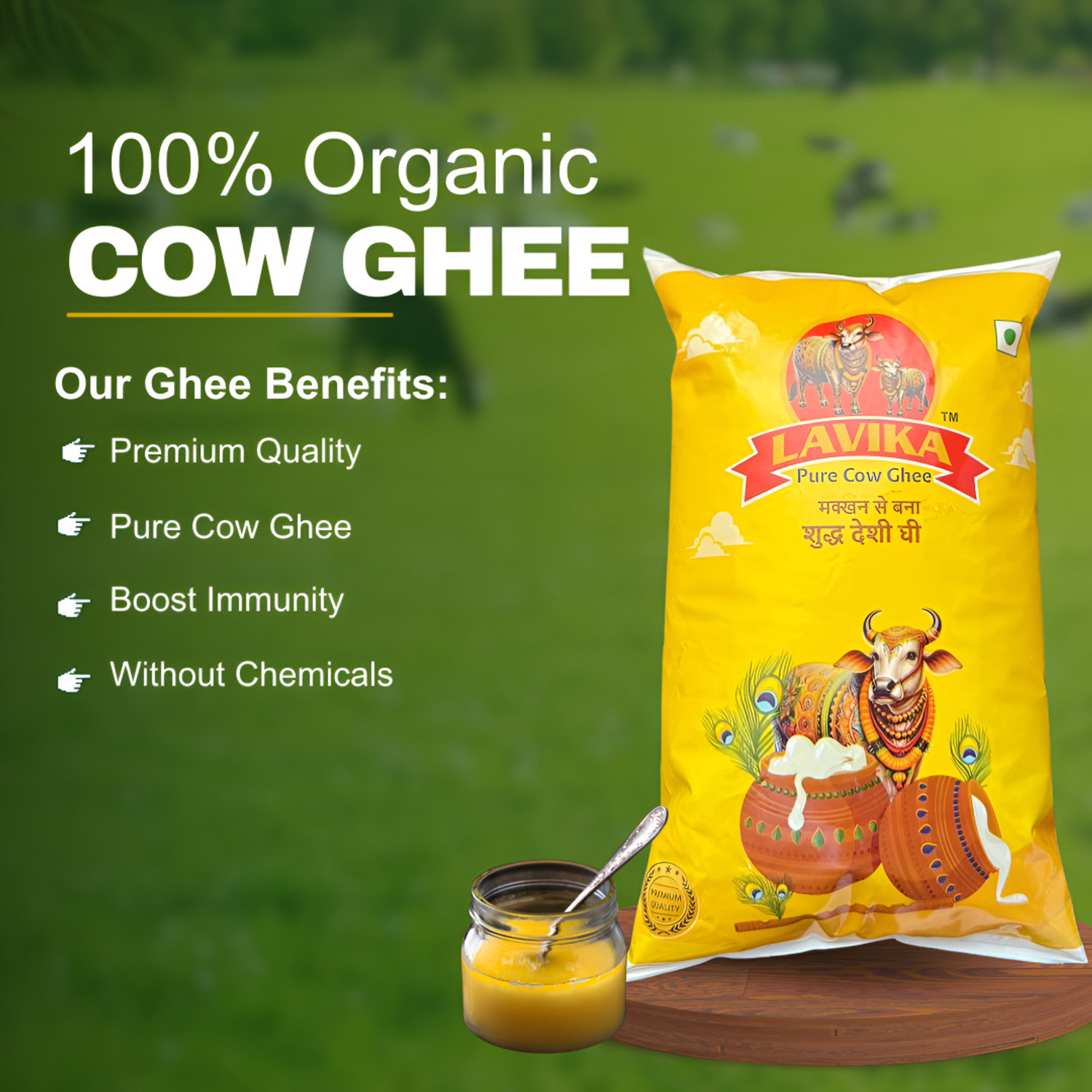 Image of LAVIKA Pure Cow Milk Ghee Traditional Premium for Optimal Health & Rich Taste Ghee Pouch