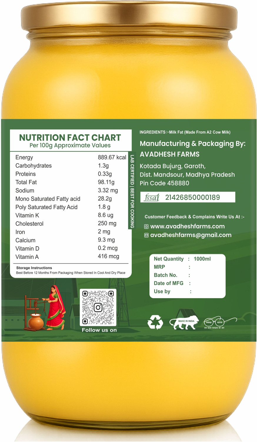 Image of Avadhesh Farms A2 Desi Cow Vedic Bilona Cultured Ghee | Pure & Traditional Ghee Glass Bottle Ghee Glass Bottle