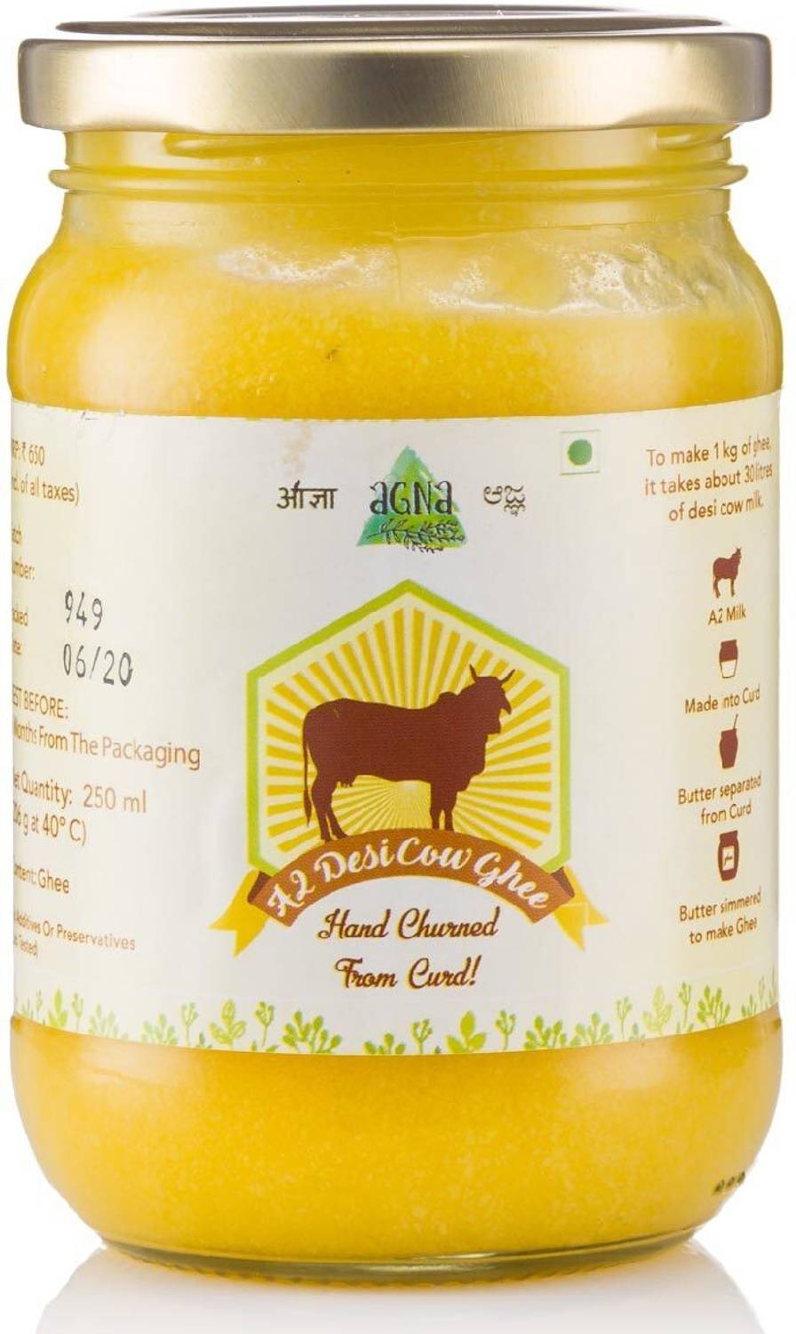Agna A2 Desi Cow Ghee - HAND CHURNED FROM CURD Ghee Glass Bottle