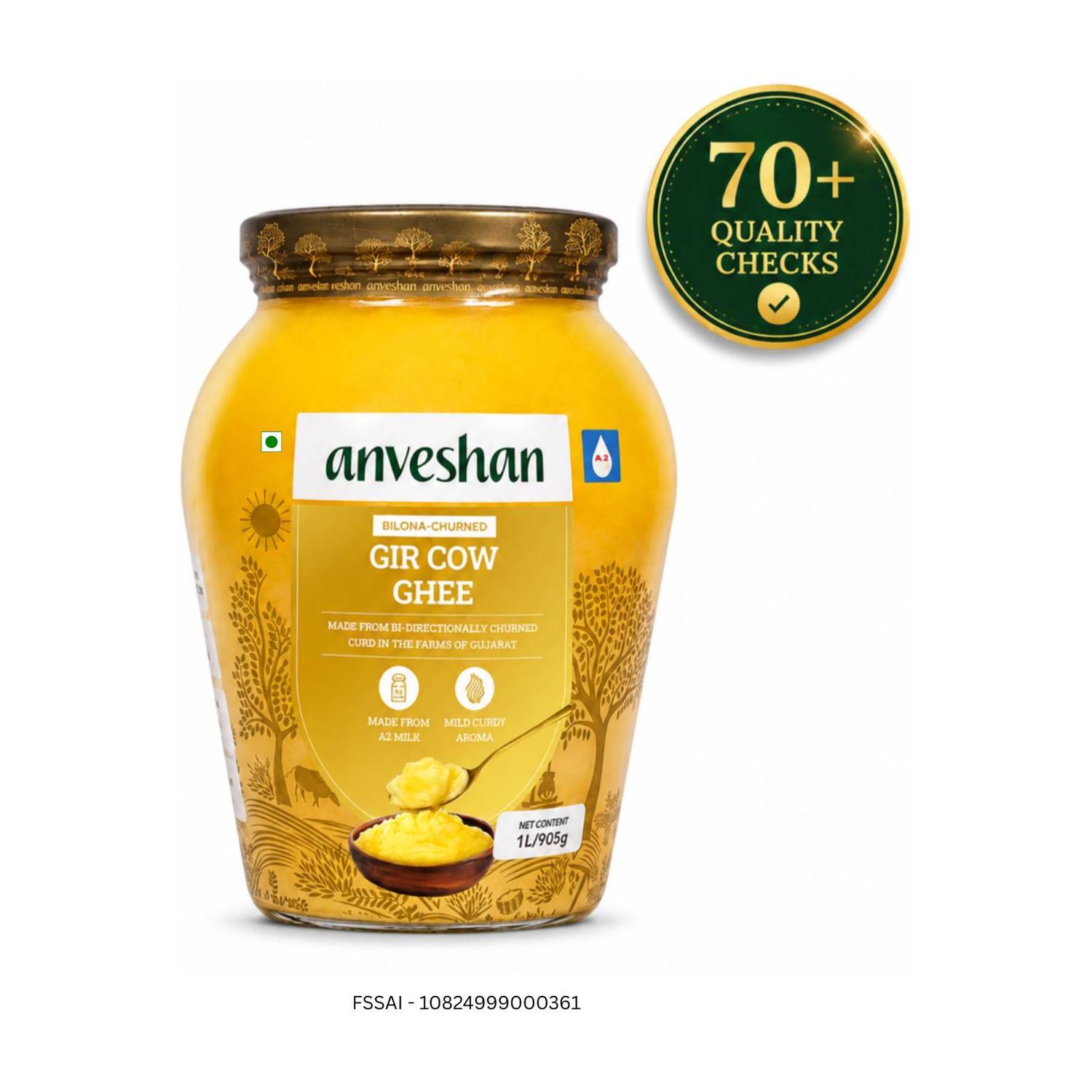 Anveshan Traditional Bilona Method A2 Gir Cow Ghee Glass Bottle