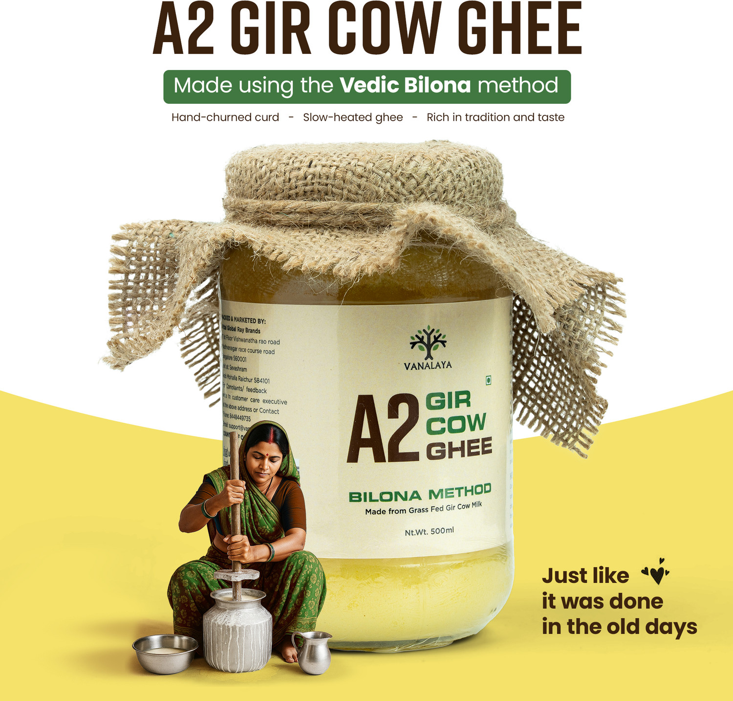 Image of Vanalaya A2 Gir Cow Ghee, pure desi ghee made from traditional bilona method Ghee Glass Bottle