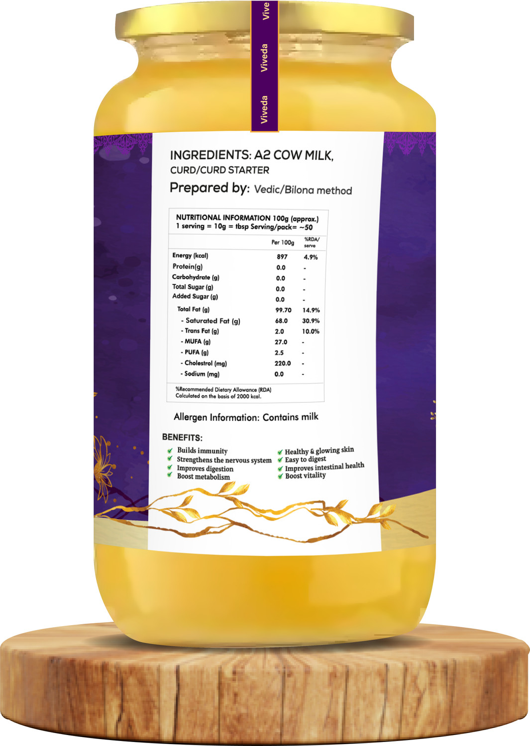 Image of viveda A2 Desi Tharparker Ghee | Ghee Glass Bottle