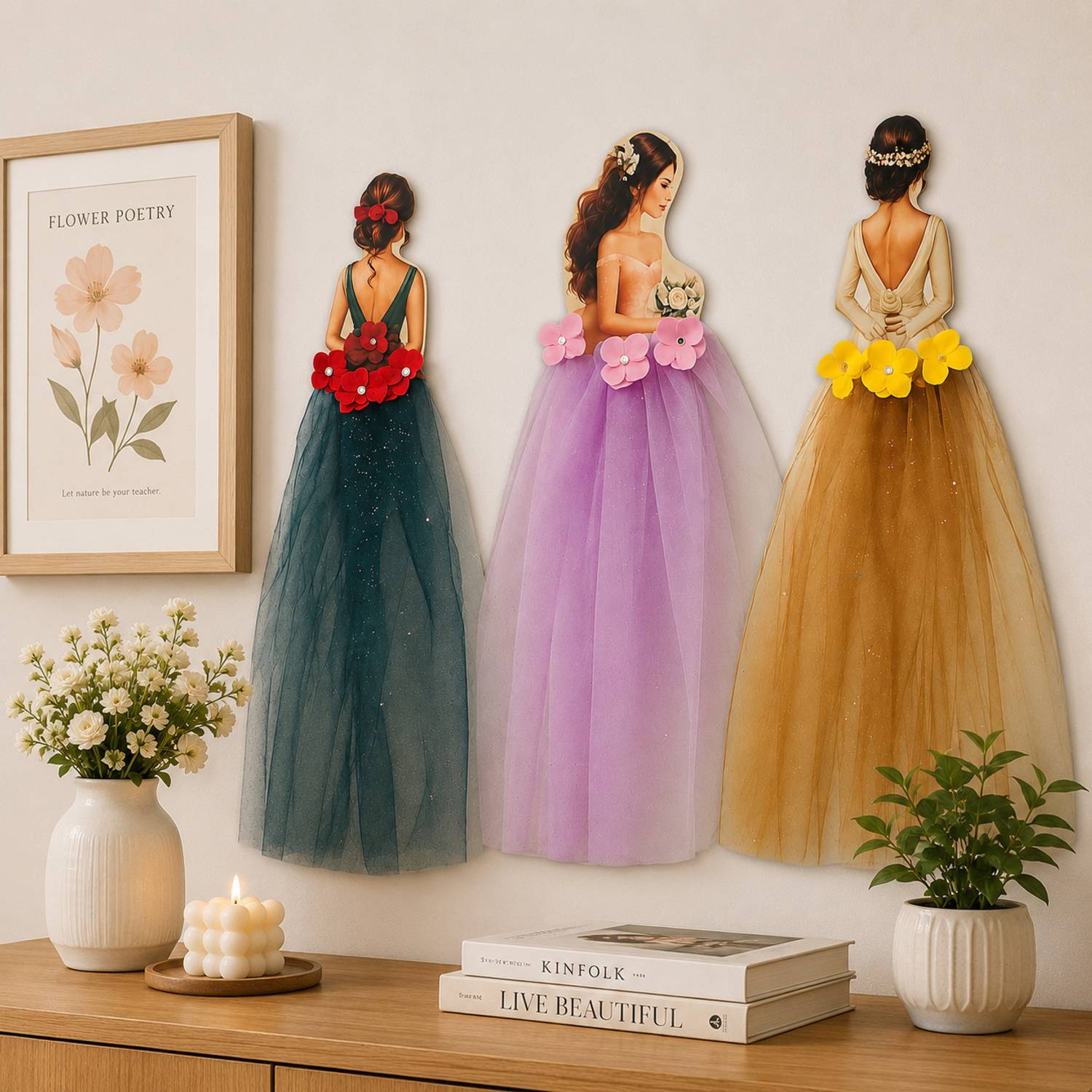 beecraft Pack Of 3 Floral Gown Girl Attachment Gift Wrapping Best Home Décor, Wall Decor Barbie Doll, Bride Paper Fabric Gift Wrapper