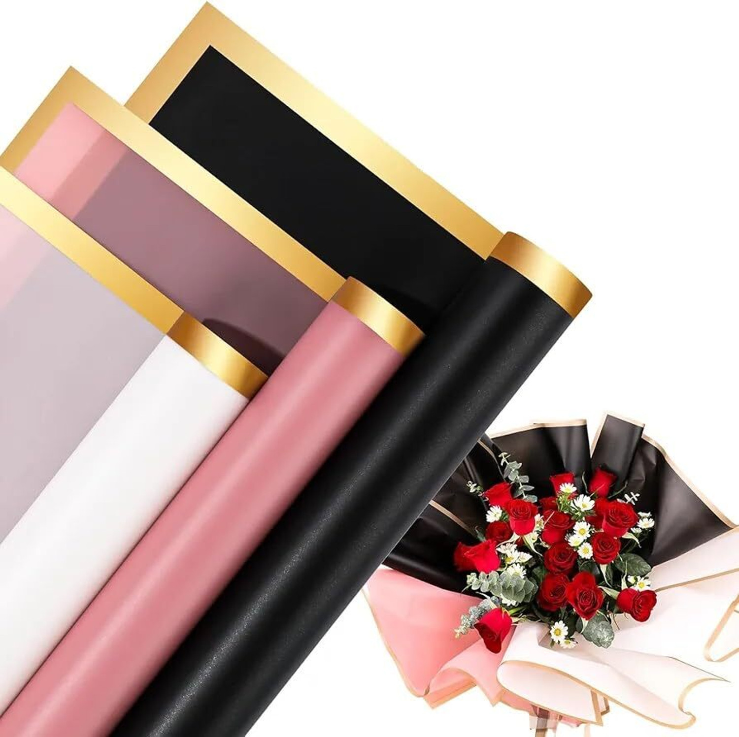 Image of Qroof 10 Pcs Multi Black Pink White Bouquet Gift Wrapping Paper PAPER Gift Wrapper (White, Black, Pink)