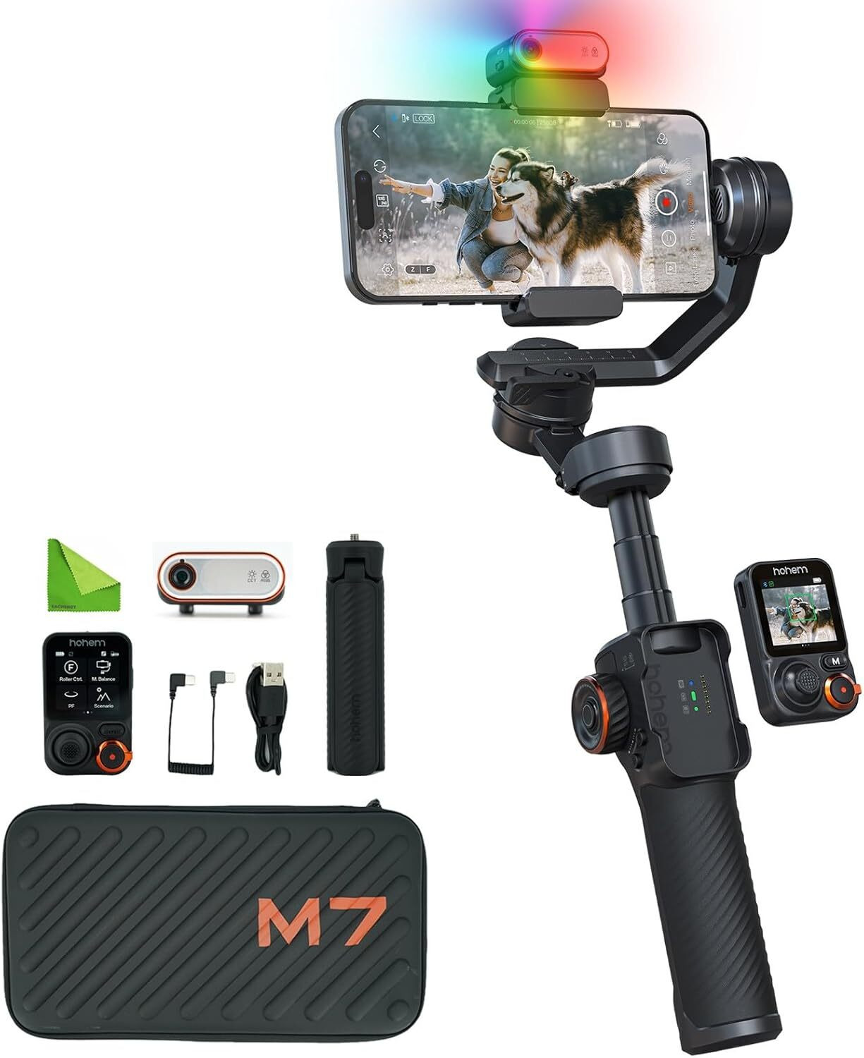 Image of hohem M7 W /AI Tracking,Detachable Touchscreen Remote,Extension Pole,Fill Light 3 Axis Gimbal for Mobile