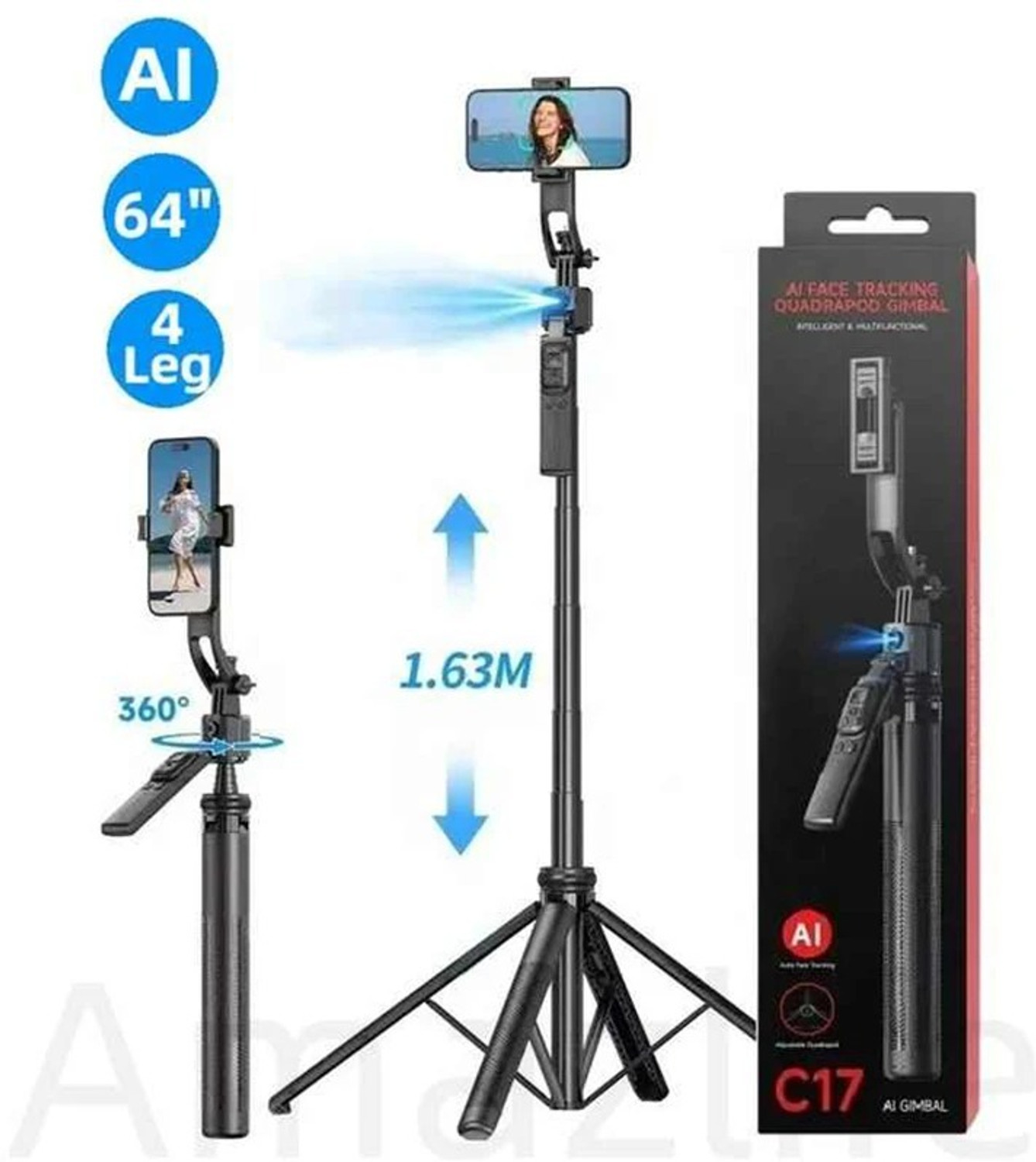 Image of FITRIC C17 AI Face Tracking Gimbal Selfie Stick Tripod with Wireless Remote Single Gimbal for Mobile (1KG)