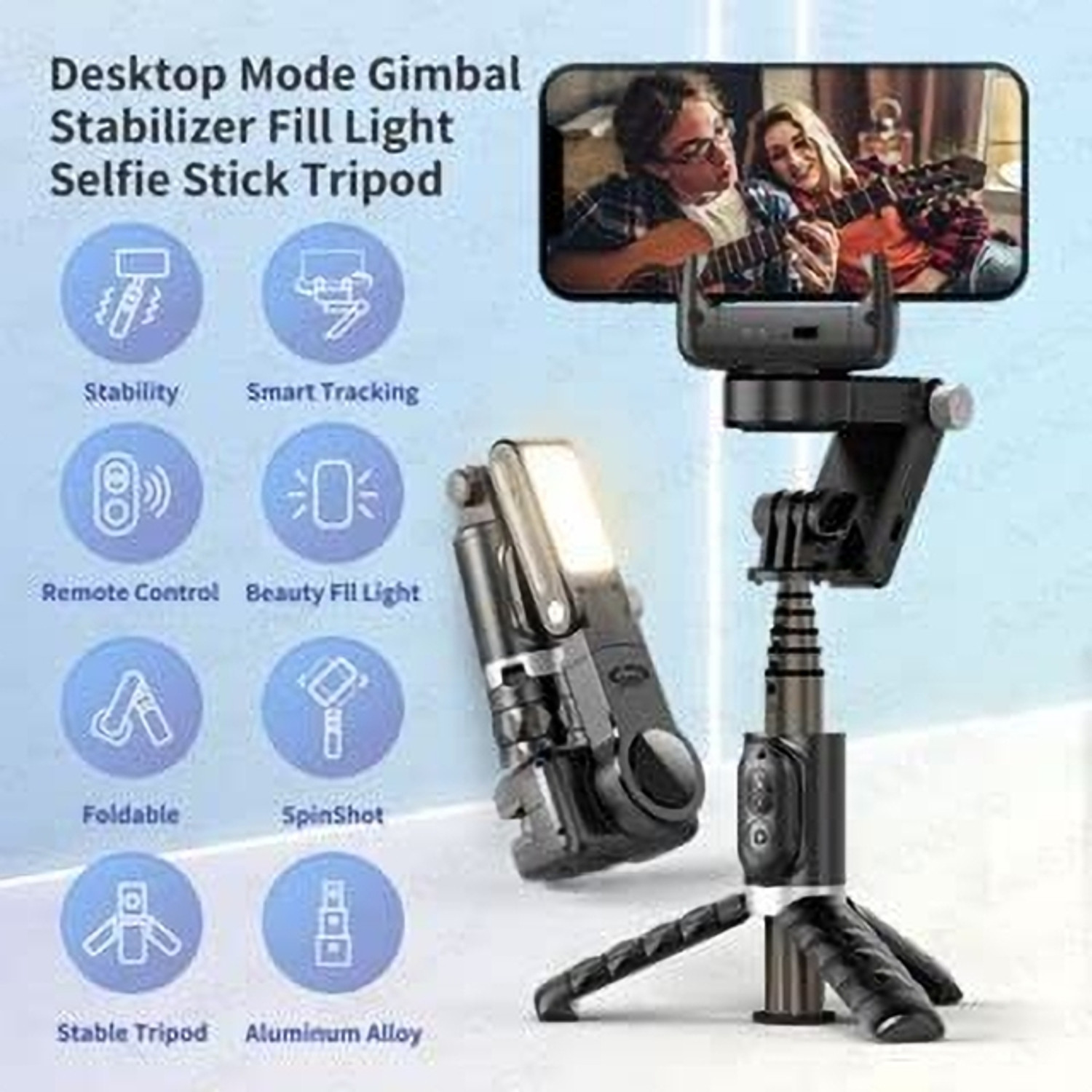 Image of Alfa Q18 Gimbal Stabilizer with Fill Light - YouTube, Instagram - Gift for Creators 3 Axis Gimbal for Mobile