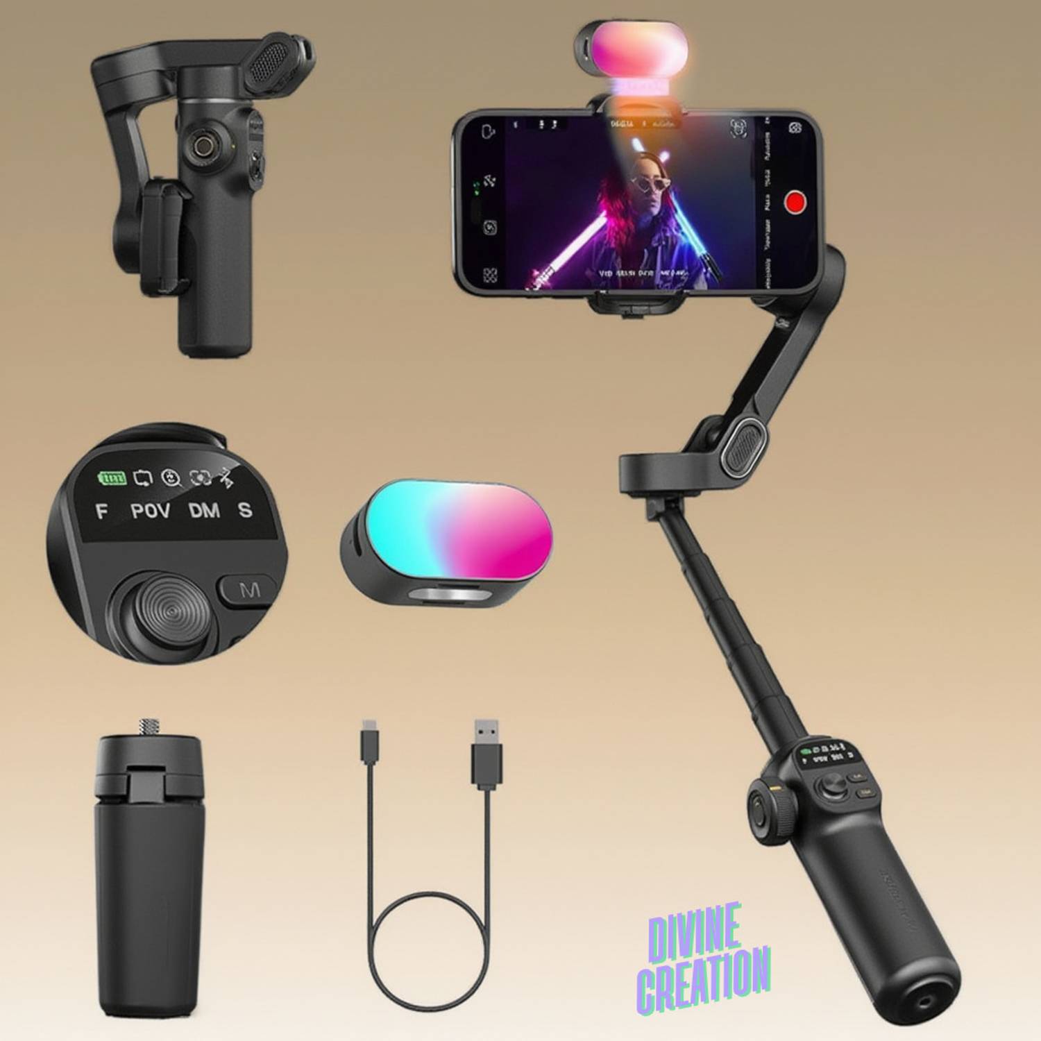 Divine creation X2 ProSteady 3-Axis Smartphone Gimbal AI Tracking,Anti-Shake,Compact Design D230 3 Axis Gimbal for Mobile