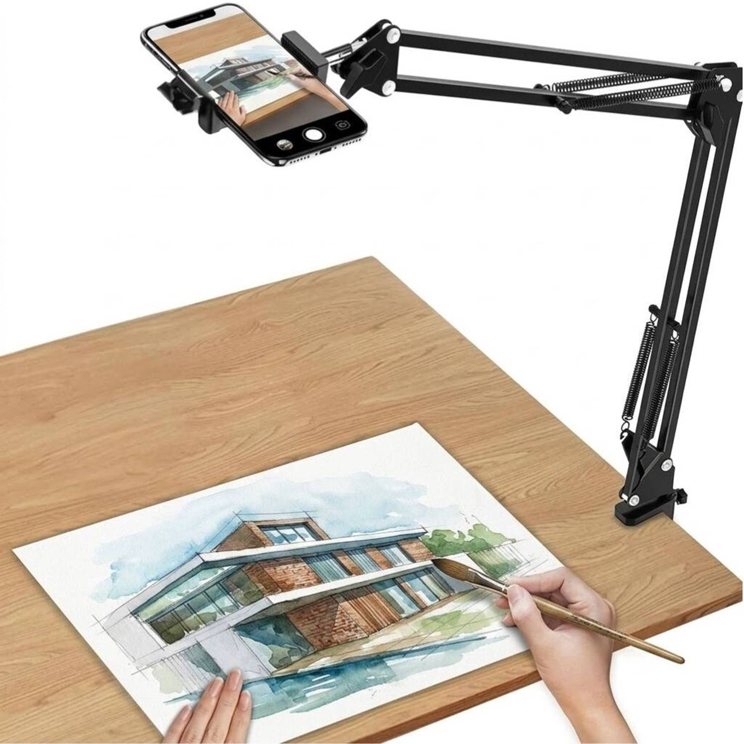 Wanzhow Overhead VMS Video Mobile Stand, New Extra Long Arm, 1/4" Head 2 Way Base cla Single Gimbal for Mobile