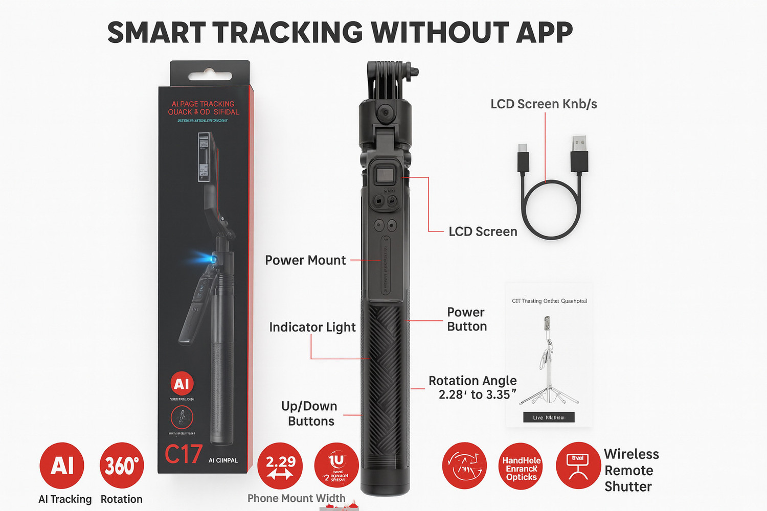 Image of FITRIC C17 AI Face Tracking Gimbal Selfie Stick Tripod with Wireless Remote Single Gimbal for Mobile (1KG)
