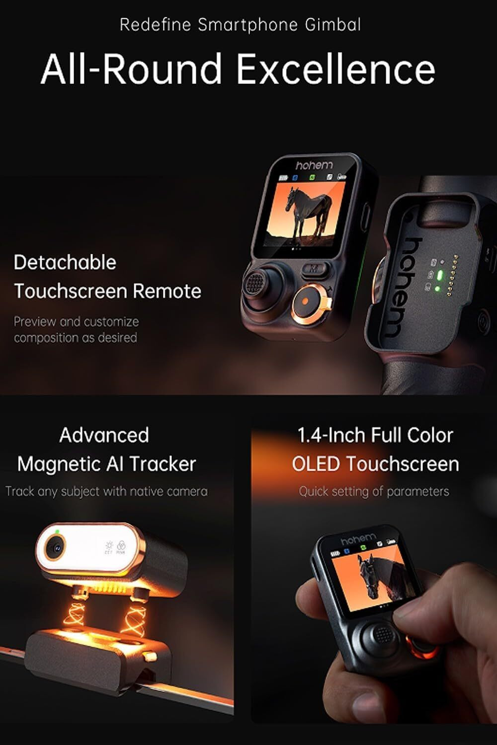 Image of hohem M7 W /AI Tracking,Detachable Touchscreen Remote,Extension Pole,Fill Light 3 Axis Gimbal for Mobile