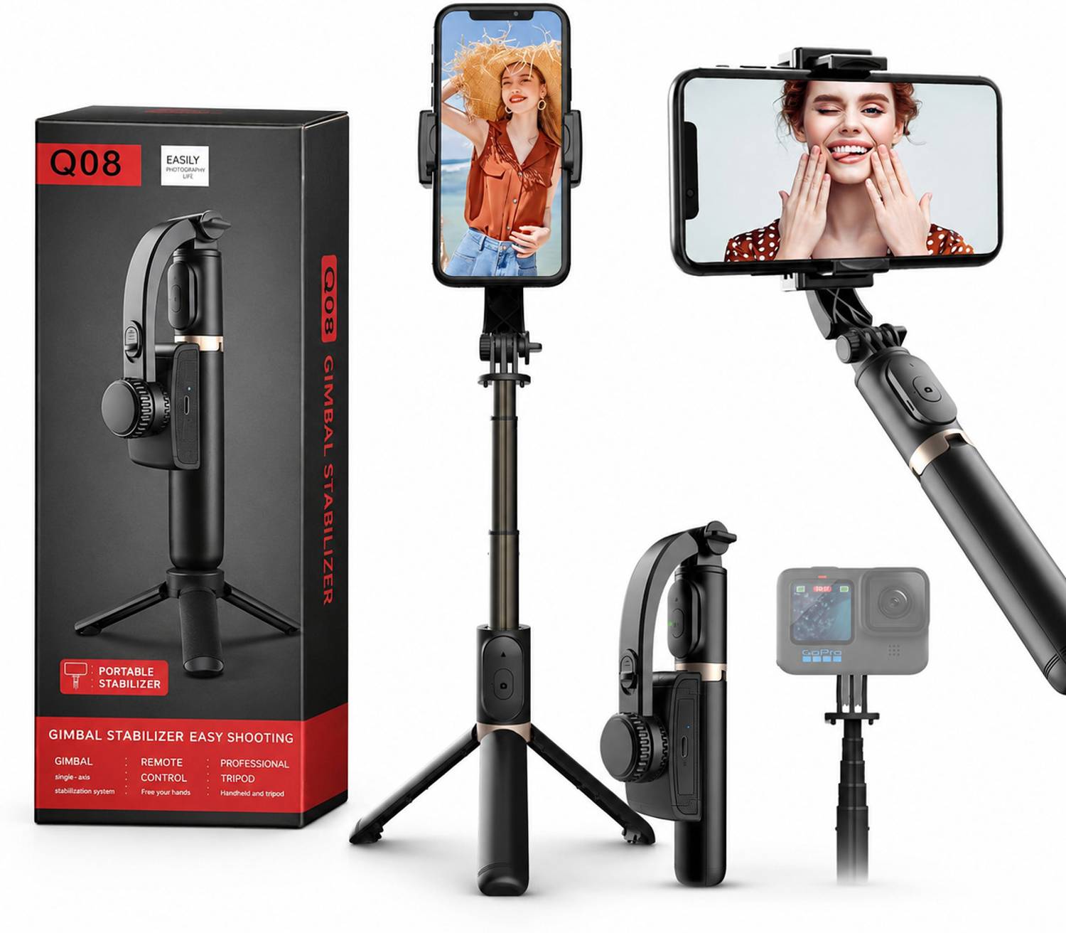 AG INDUSTRY Q08 Selfie Stick Tripod, Gimbal, Selfie Stick, Anti-Shake Video Recording Tripod 3 Axis Gimbal for Camera, Mobile
