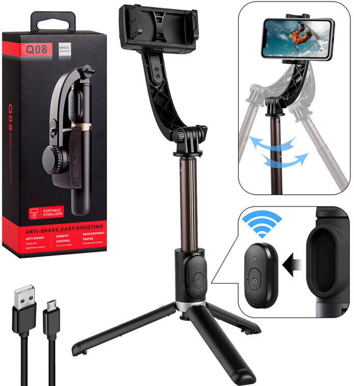 EVAAENTERPRISES Gimbal Q08 in Stunning Black Color 3 Axis Gimbal for Mobile