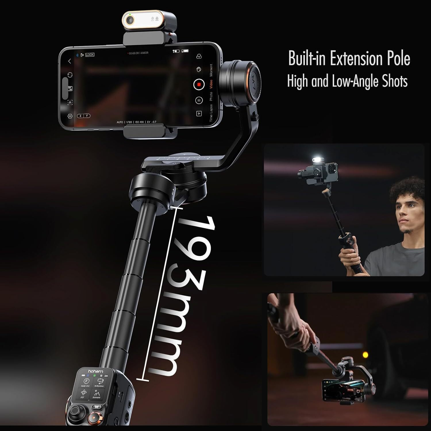 Image of hohem M7 W /AI Tracking,Detachable Touchscreen Remote,Extension Pole,Fill Light 3 Axis Gimbal for Mobile