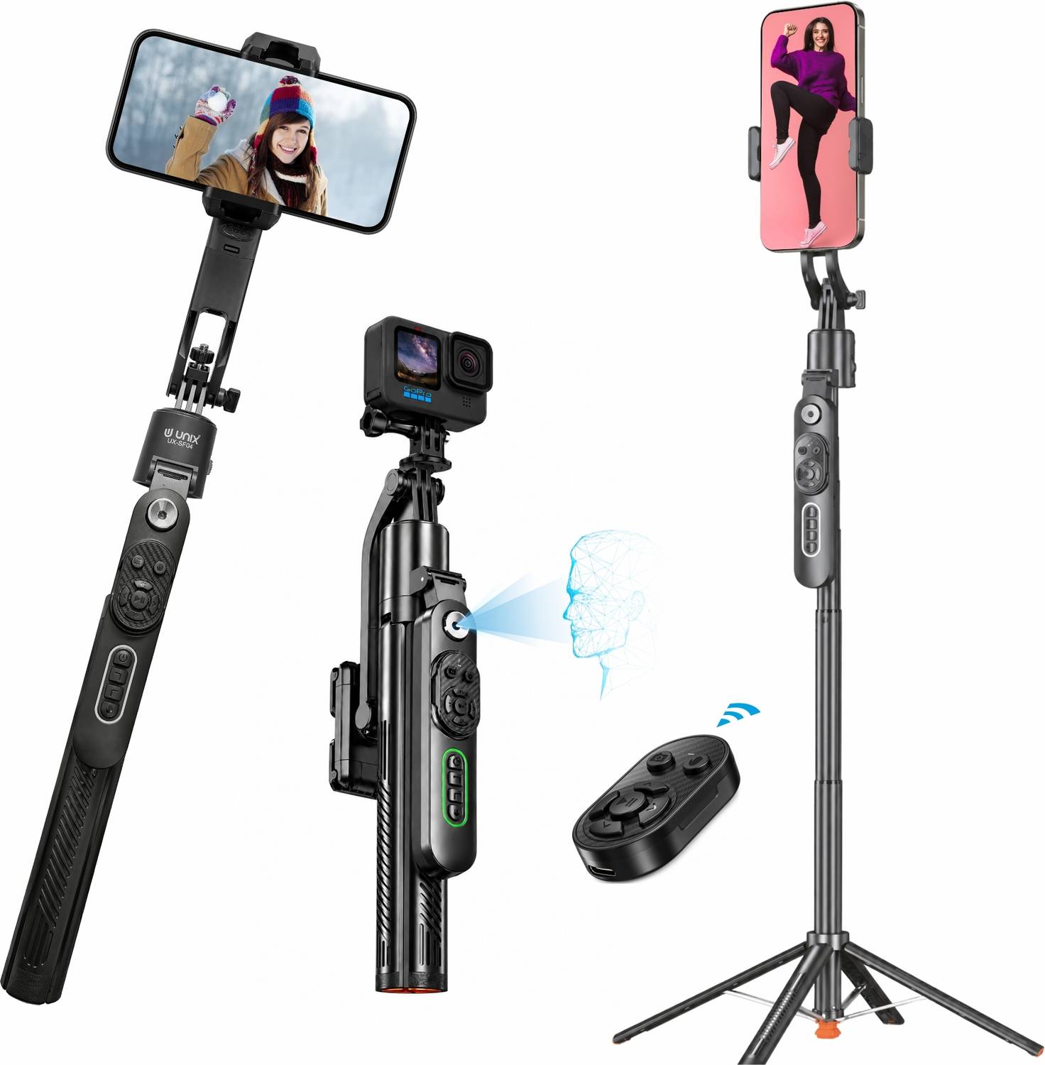 Unix AI Face Tracking Gimbal Selfie Stick, 360° Tripod, 183cm Aluminum Extension 3 Axis Gimbal for Camera, Mobile