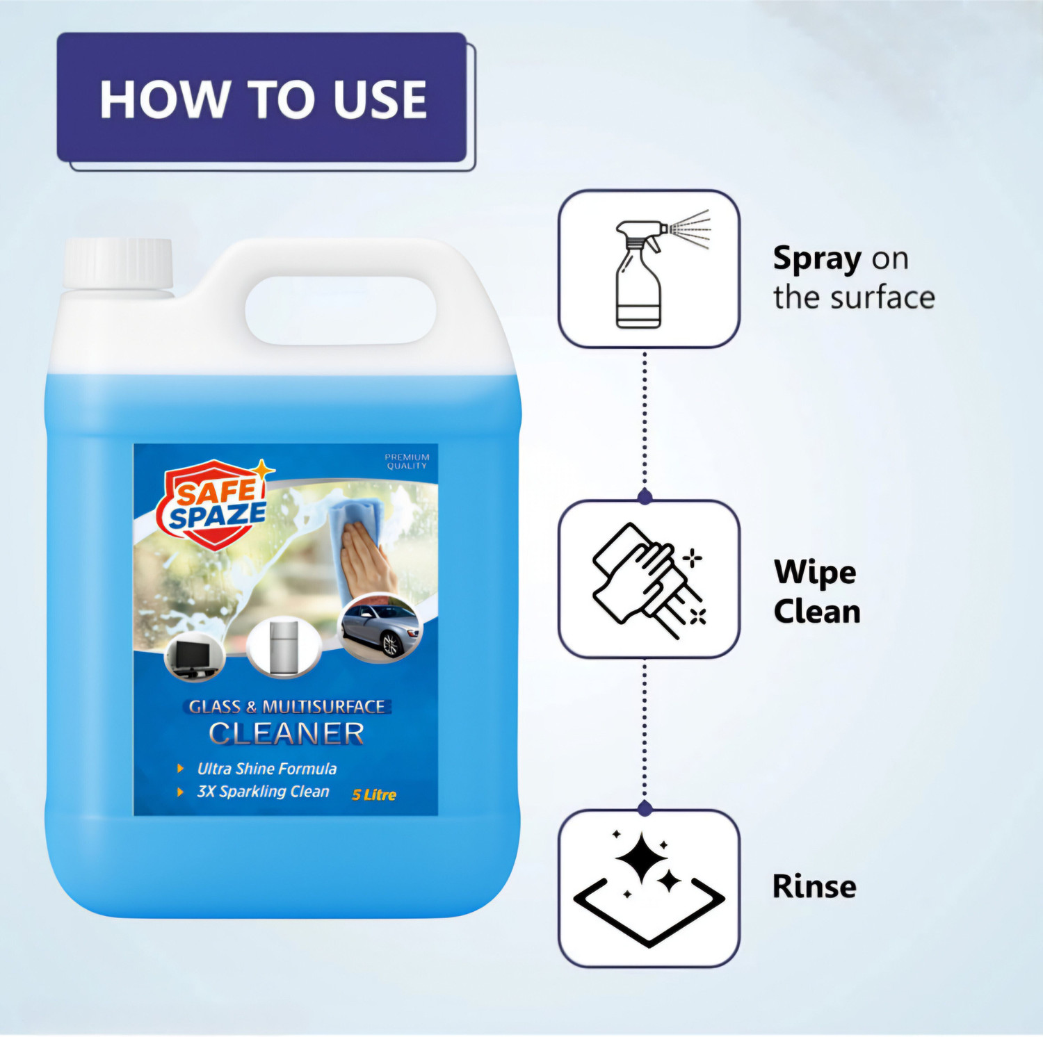 Image of SafeSpaze Glass Cleaner 5L Ultra Shine Formula 3x Sparkling Clean Premium Quality (5 L)