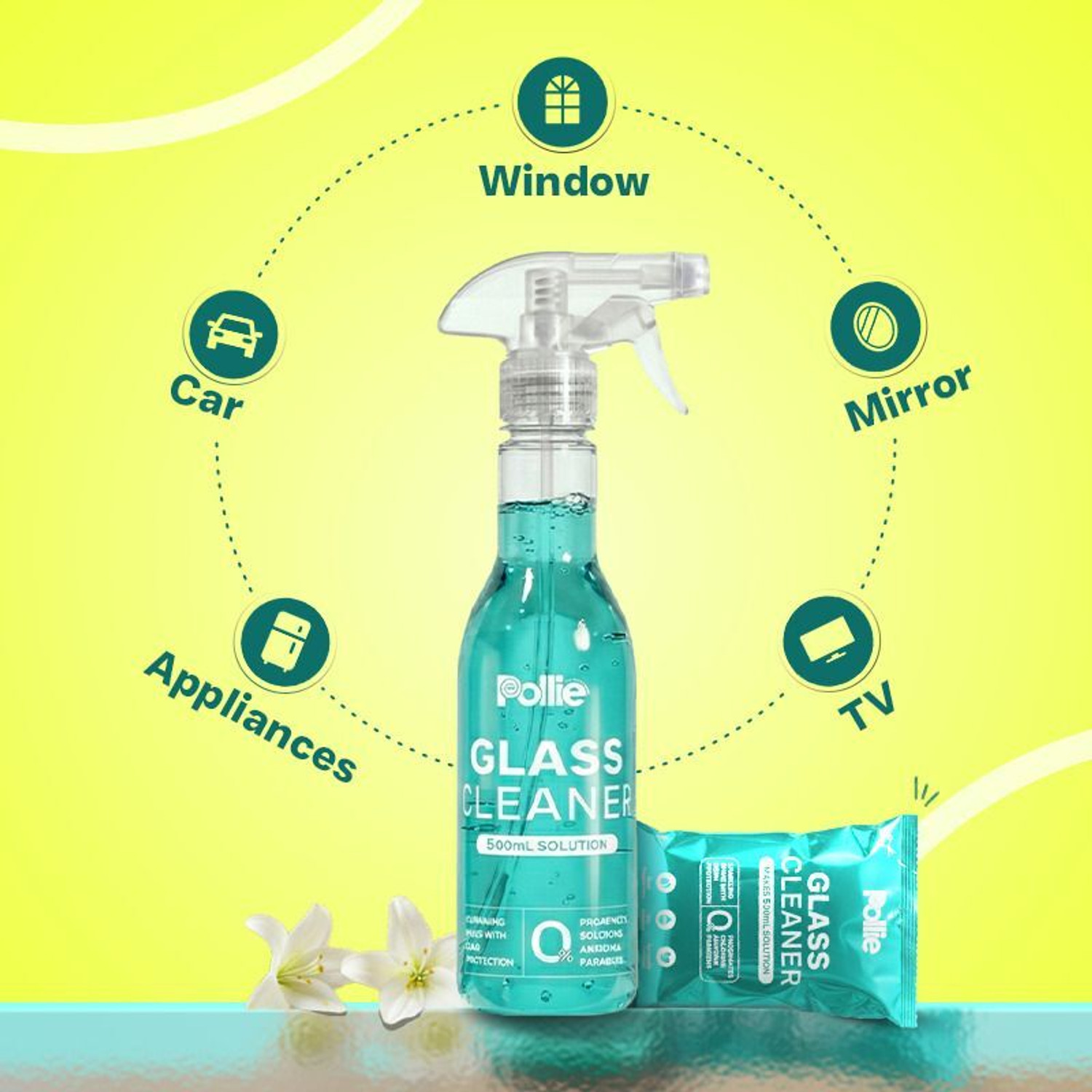 Image of Pollie Glass Cleaner 3 Sachets | 1 Sachet makes 500mL | For All Type of Glass Surface