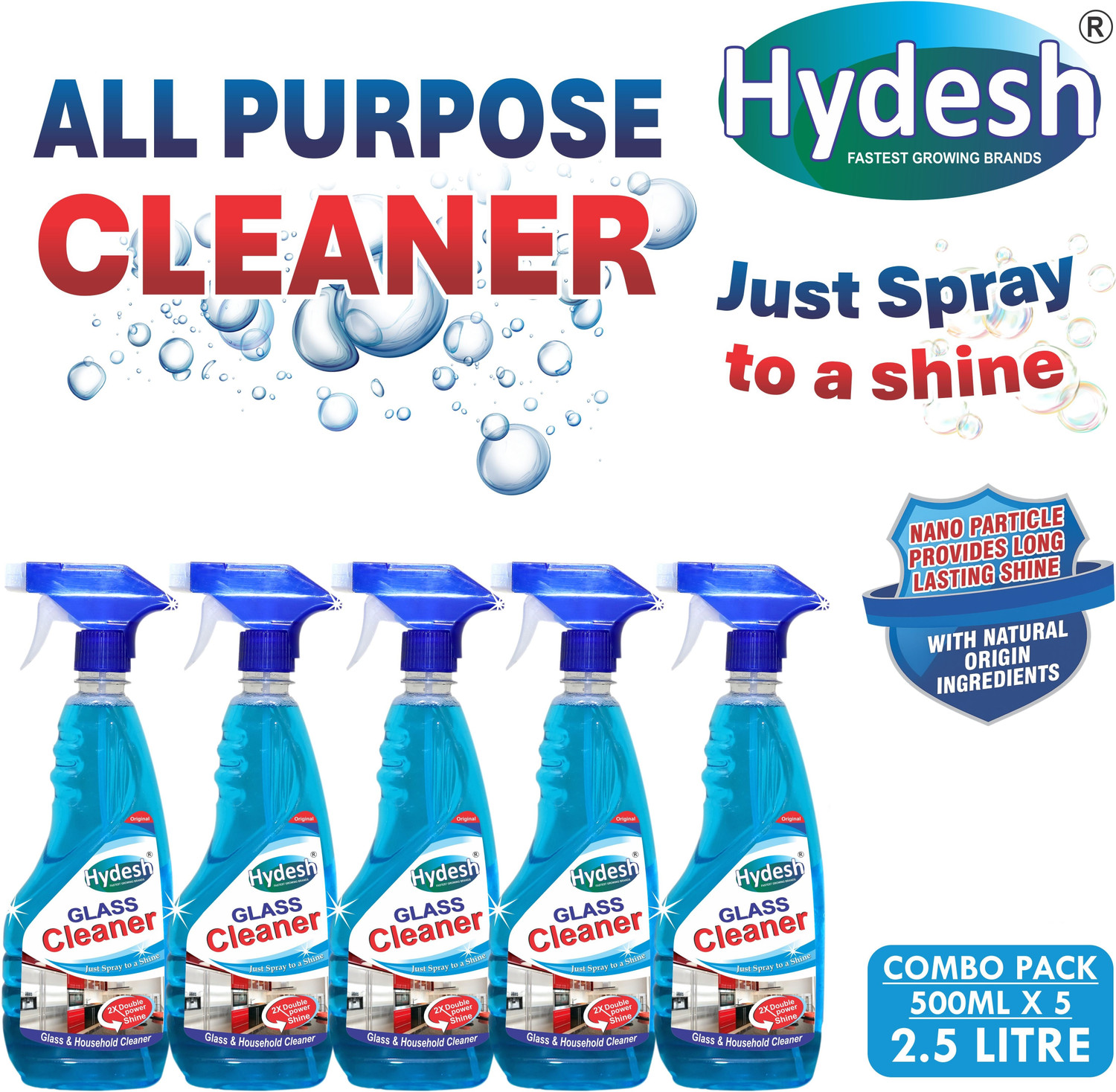 Image of hydesh 2X Double Power Shine Glass & Household Cleaner Just Spray to a shine