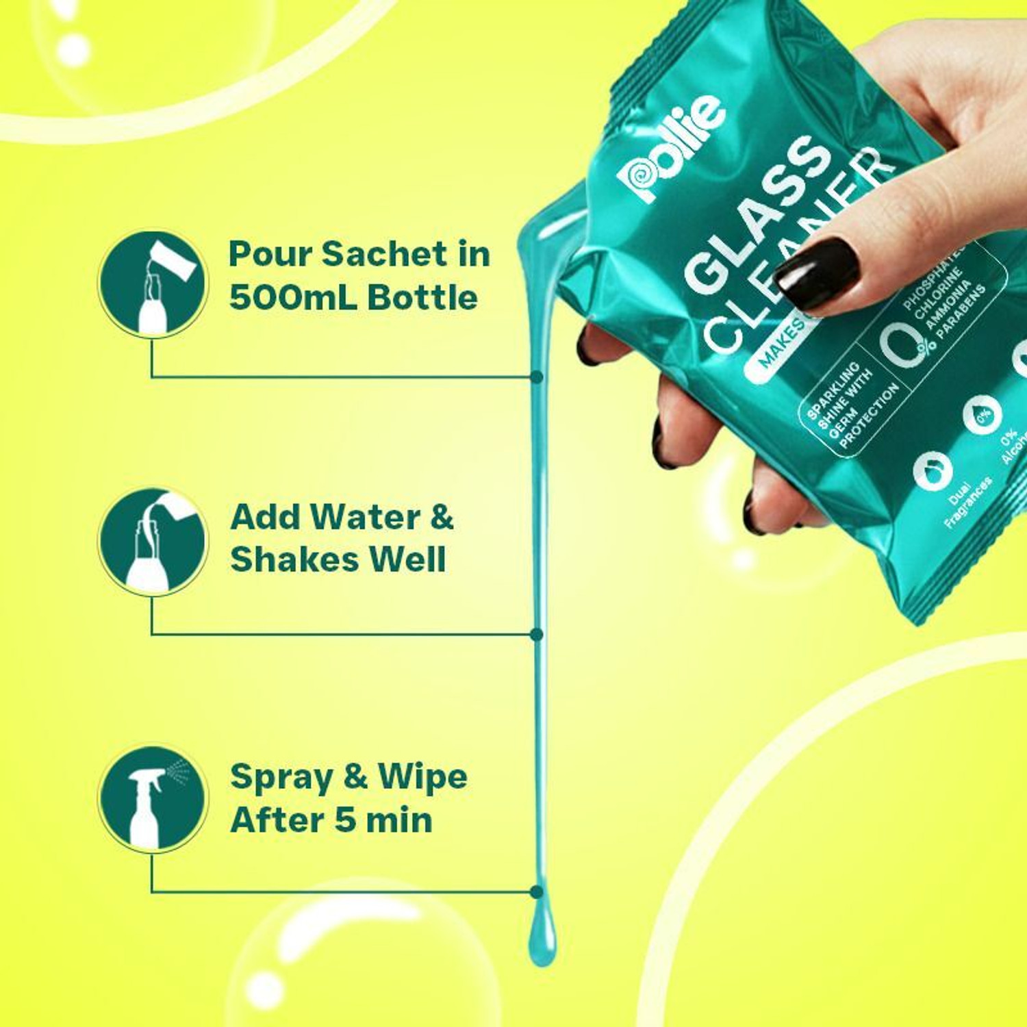 Image of Pollie Glass Cleaner 3 Sachets | 1 Sachet makes 500mL | For All Type of Glass Surface