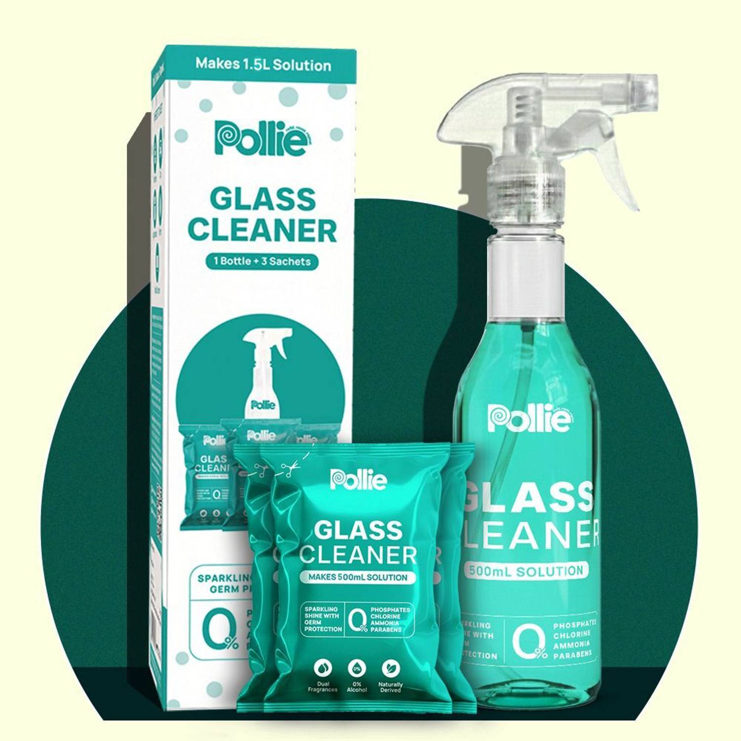 Pollie Glass Cleaner 1.5L 1Empty Bottle+3 Sachets For Home, B
