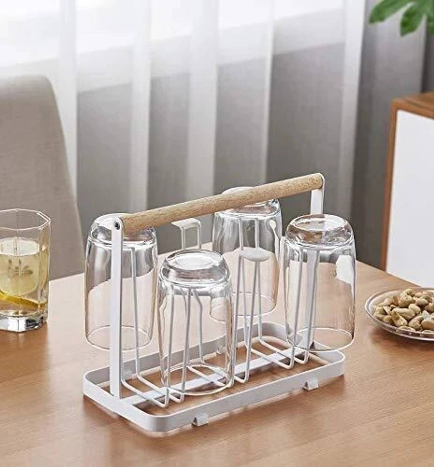 ARHAT ORGANIZERS Glass Holder with Wooden Handle for Dining Carbon Steel, Wooden Glass Holder