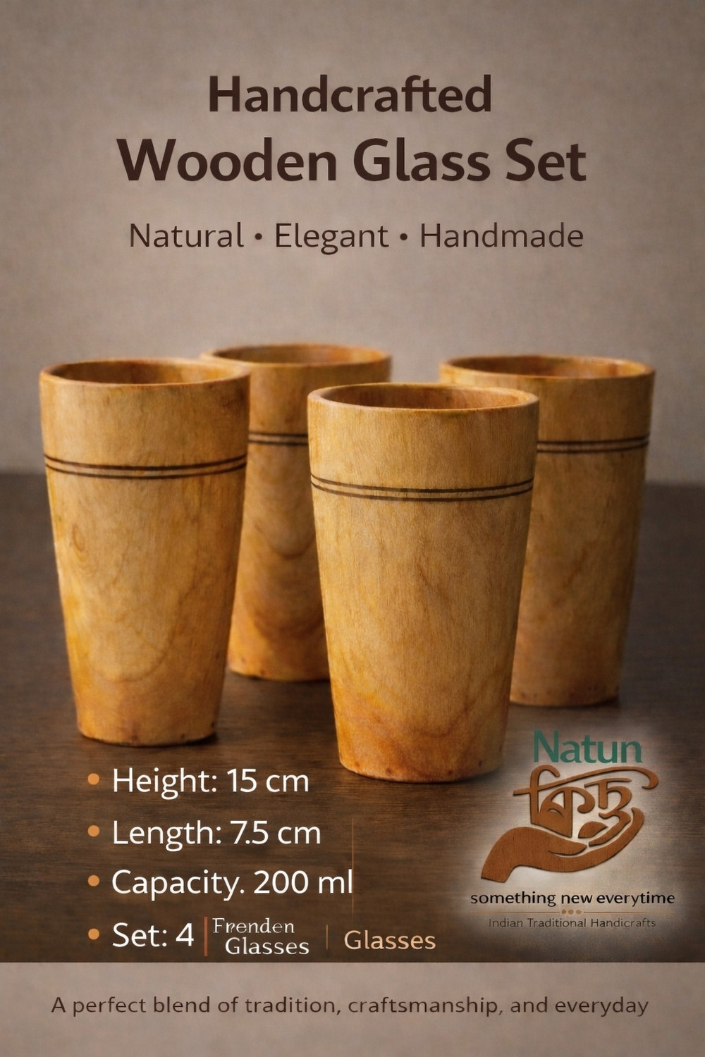 Image of NATUNKICHU (Pack of 4) GLS-W-M-04 Glass Set Water /Juice Glass (200 ml, Wood, Brown)