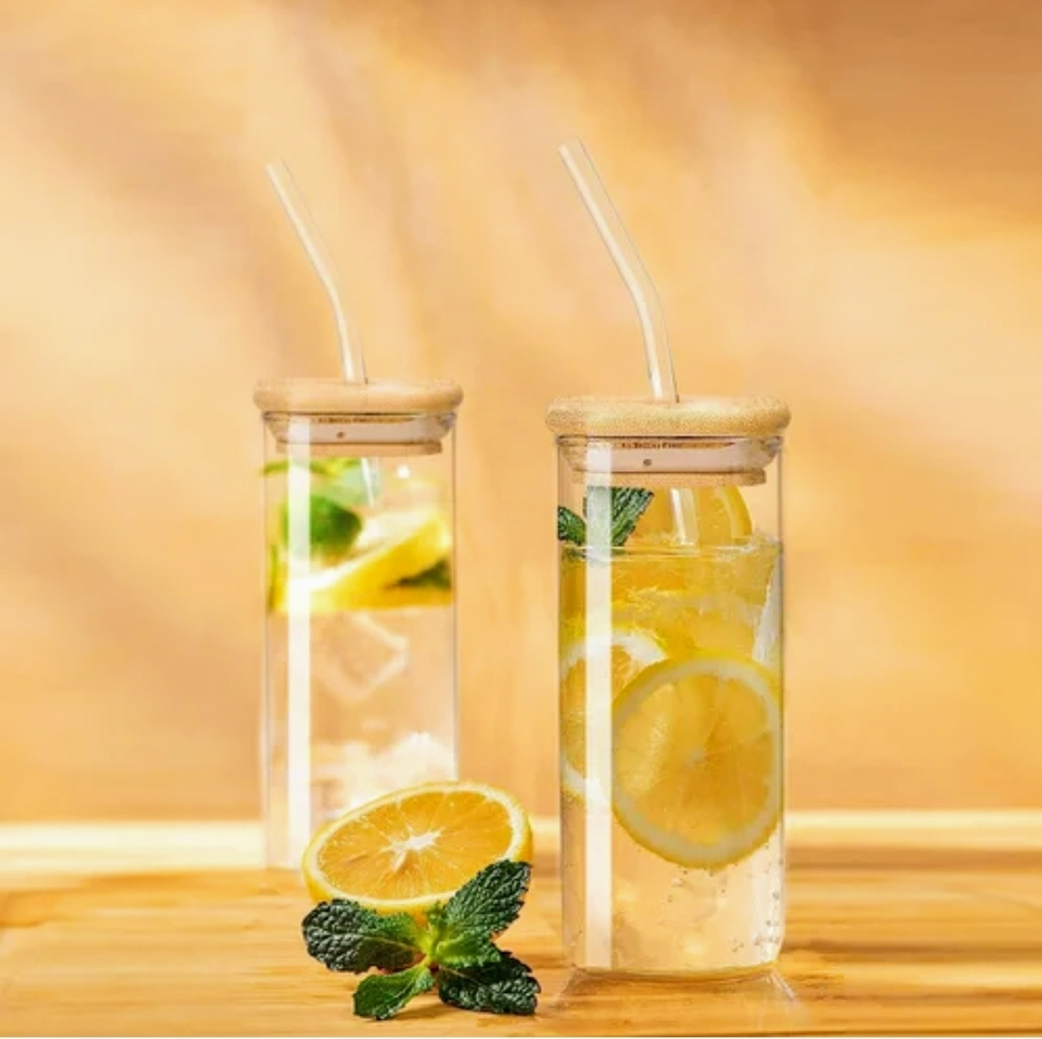 Image of SERA (Pack of 2) Glass Sipper Square Mason Jar /Glass /Mug with Straw 350ml Pack of 2 Glass Water /Juice Glass