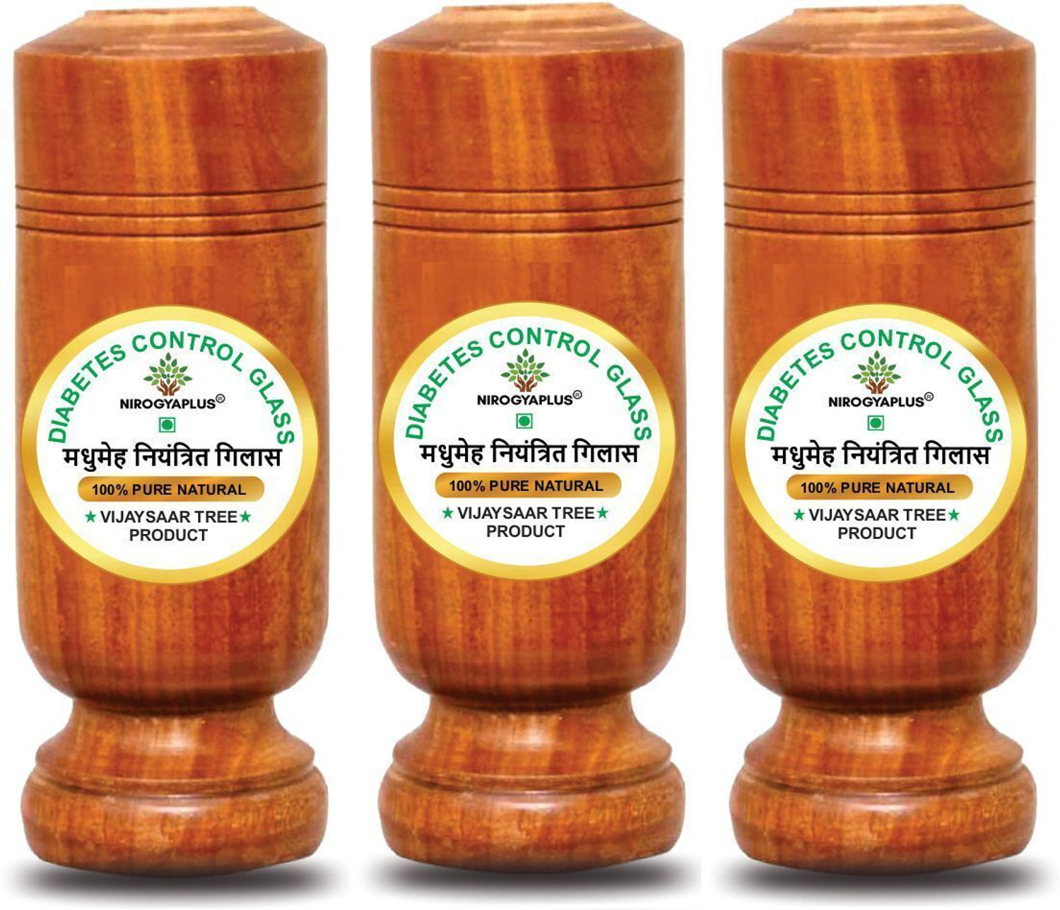 Image of OneClick (Pack of 3) Wooden Sugar Control Home Remedy Vijaysar Herbal Tumbler Glass 100 ML P3 Glass Water /Juice Glass