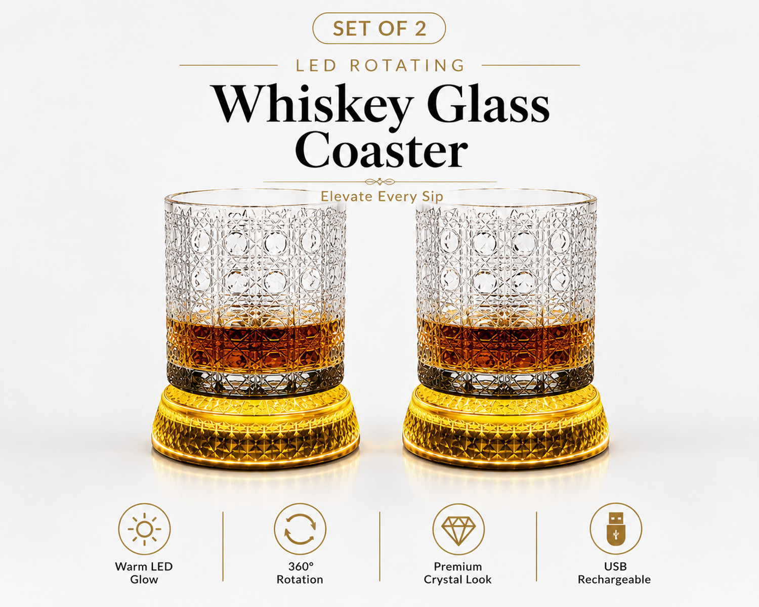 Image of glassco (Pack of 2) Luxury Rotating Crystal Cut Spinning Whisky Glass with Light Coaster set of 2 Glass Set Whisky Glass