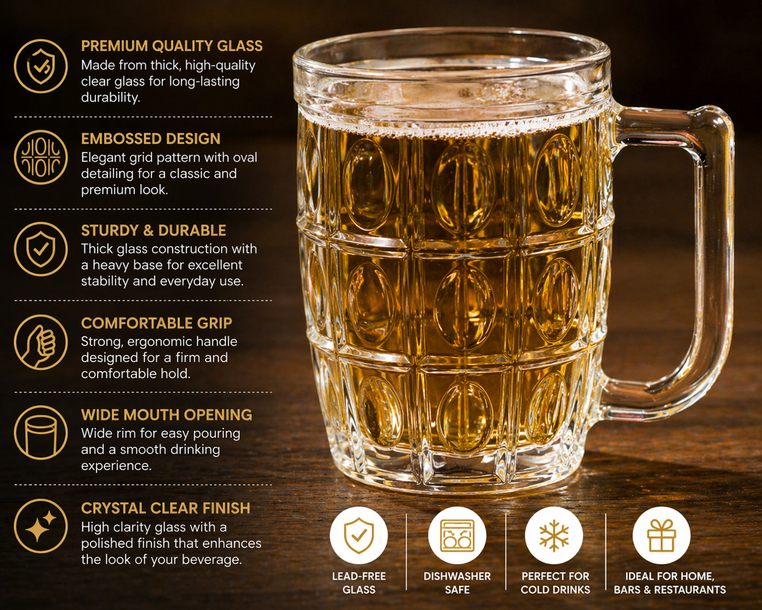 Image of Coziva (Pack of 6) Glass Beer Mug Set of 6 | Heavy Base | Transparent Mugs for Beer & Cold Drinks Glass Set Beer Glass