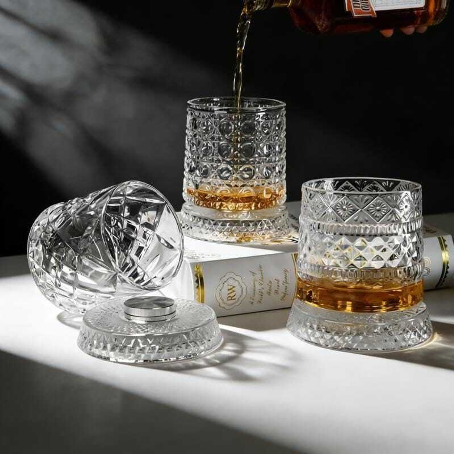 Image of SHIPROQK (Pack of 2) 360 Rotating Spinning Whiskey Glass with an LED Light Base Glass Whisky Glass (600 ml, Glass, White)