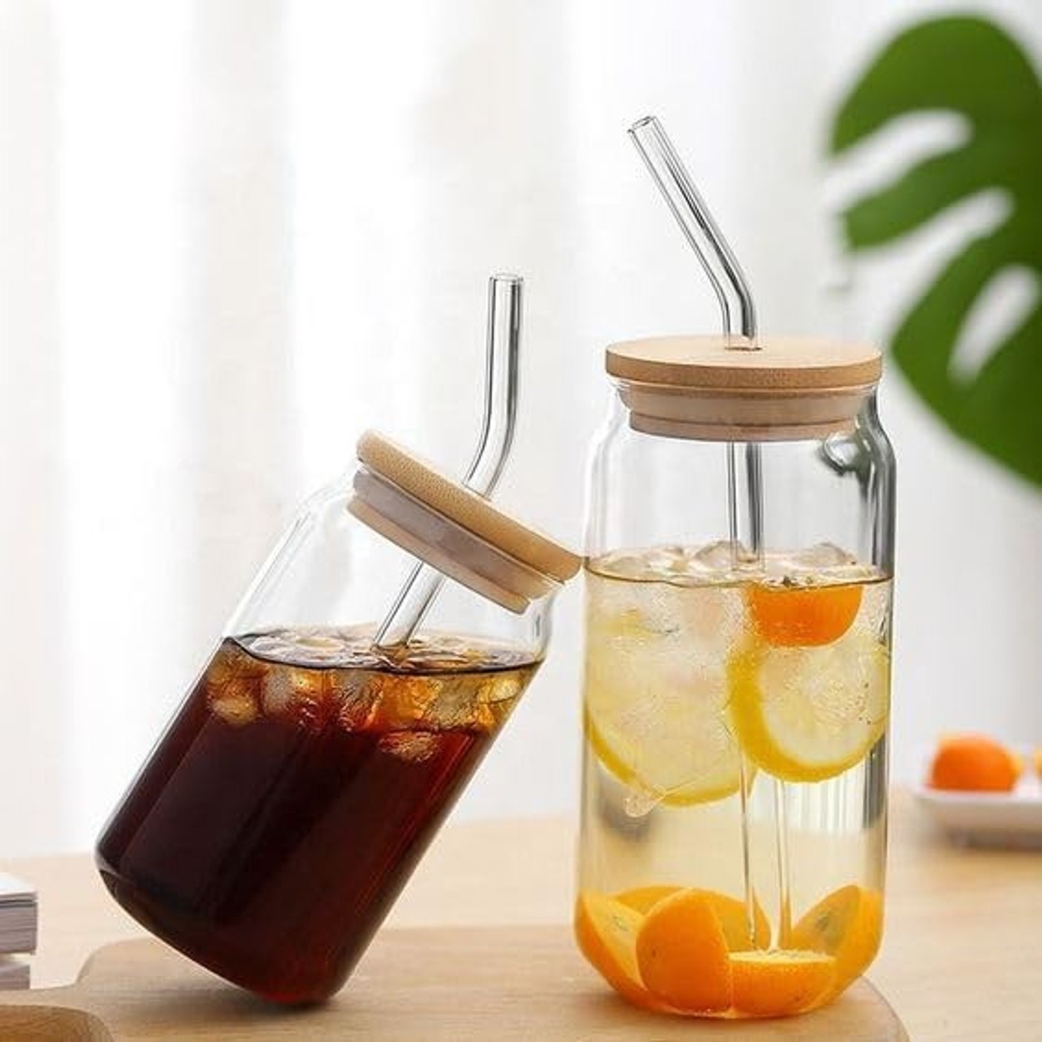 Image of MMTSWorld Wooden Lid Mojito Glass Sipper Tumbler with Straw for Green Tea Glass Coffee Mug