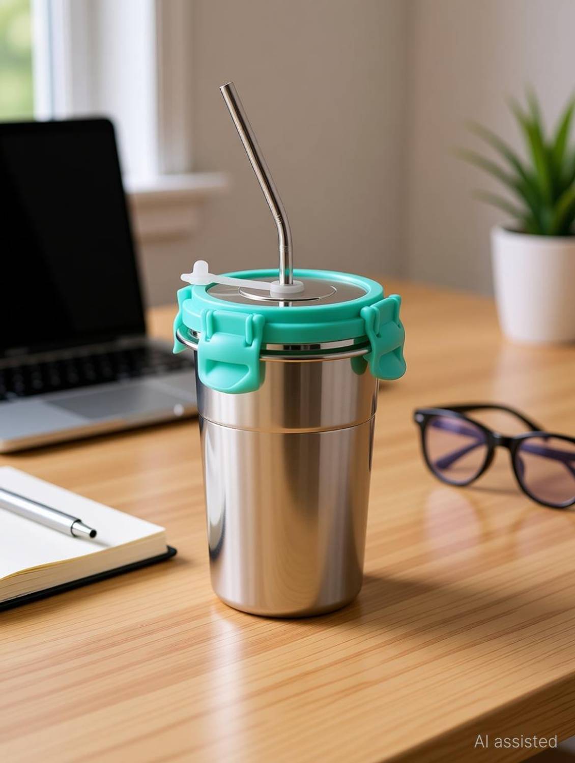 BLUEARK (Pack of 2) Steel Coffee Mug with Straw Clean Brush, Travel Sipper Tumbler Mug Glass Water/Juice Glass