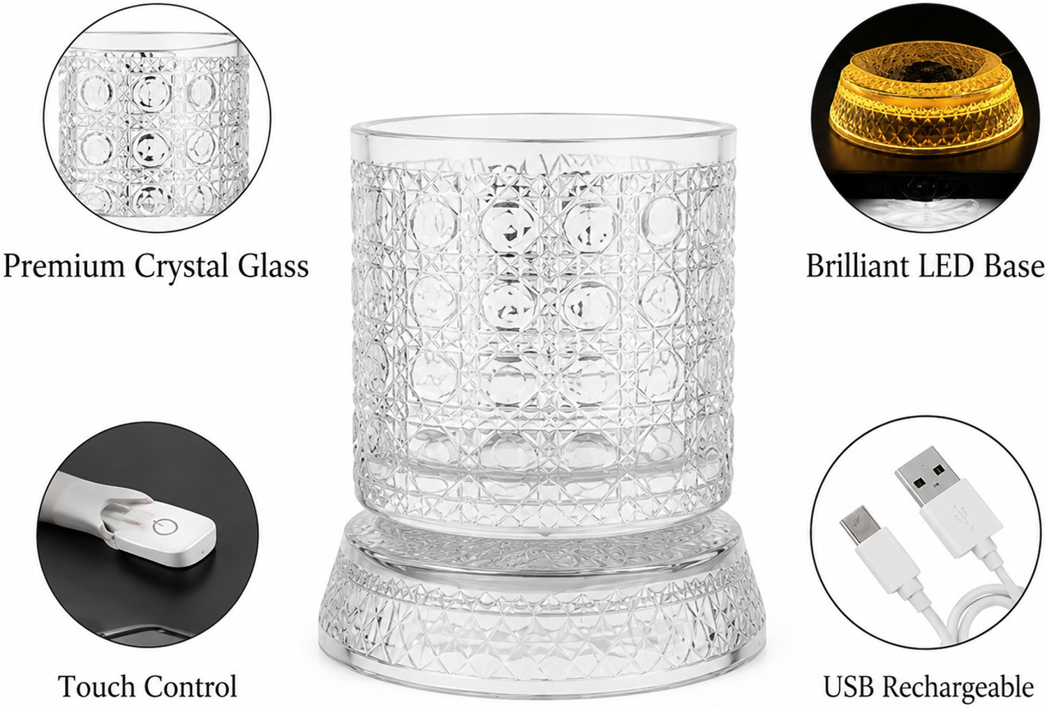Image of glassco (Pack of 2) Luxury Rotating Crystal Cut Spinning Whisky Glass with Light Coaster set of 2 Glass Set Whisky Glass