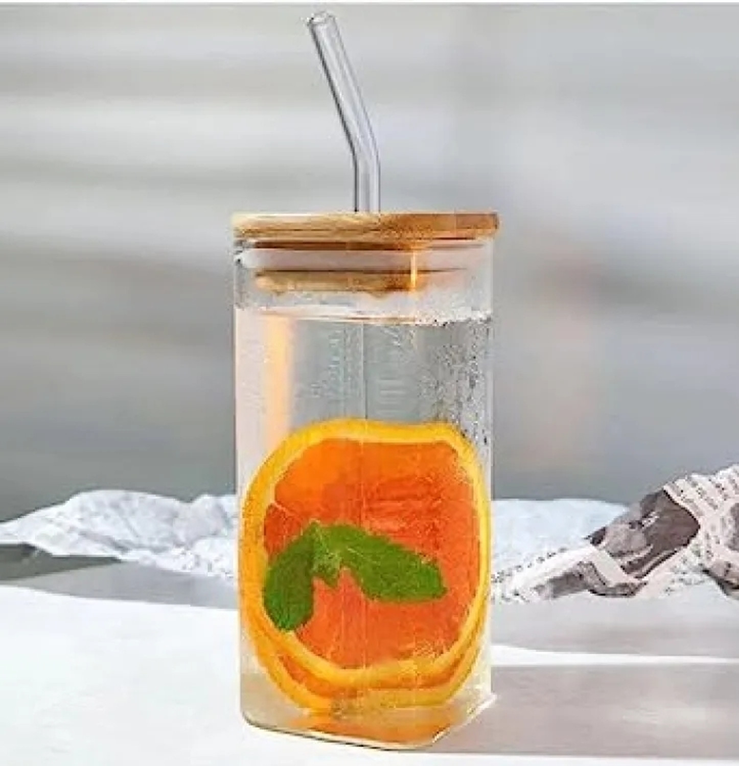 Image of SERA (Pack of 2) Glass Sipper Square Mason Jar /Glass /Mug with Straw 350ml Pack of 2 Glass Water /Juice Glass