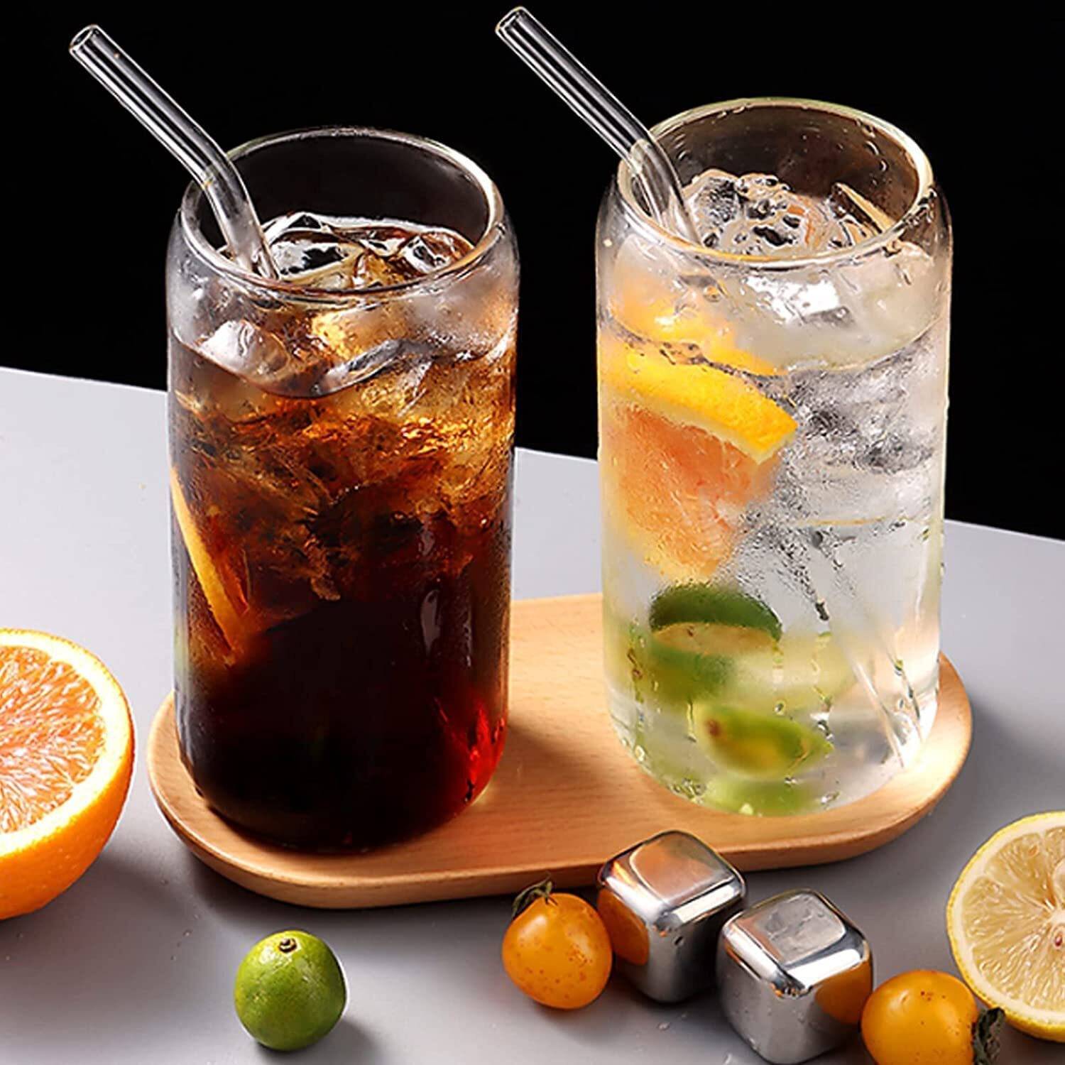 Convoke (Pack of 2) Can Shaped Glass Mug with Glass Straw | Glass Tumbler for Juice, Cold Coffee Glass Set Water/Juice Glass