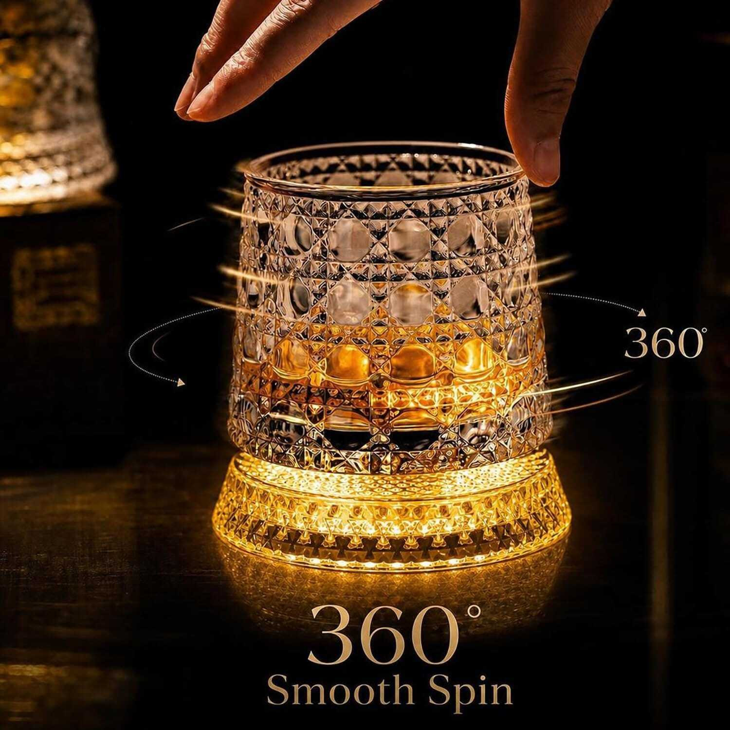 Image of SHIPROQK (Pack of 2) 360 Rotating Spinning Whiskey Glass with an LED Light Base Glass Whisky Glass (600 ml, Glass, White)