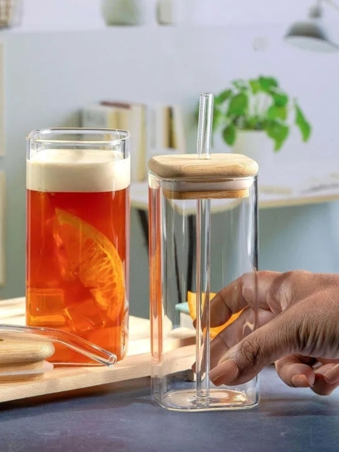 Image of SERA (Pack of 2) Glass Sipper Square Mason Jar /Glass /Mug with Straw 350ml Pack of 2 Glass Water /Juice Glass