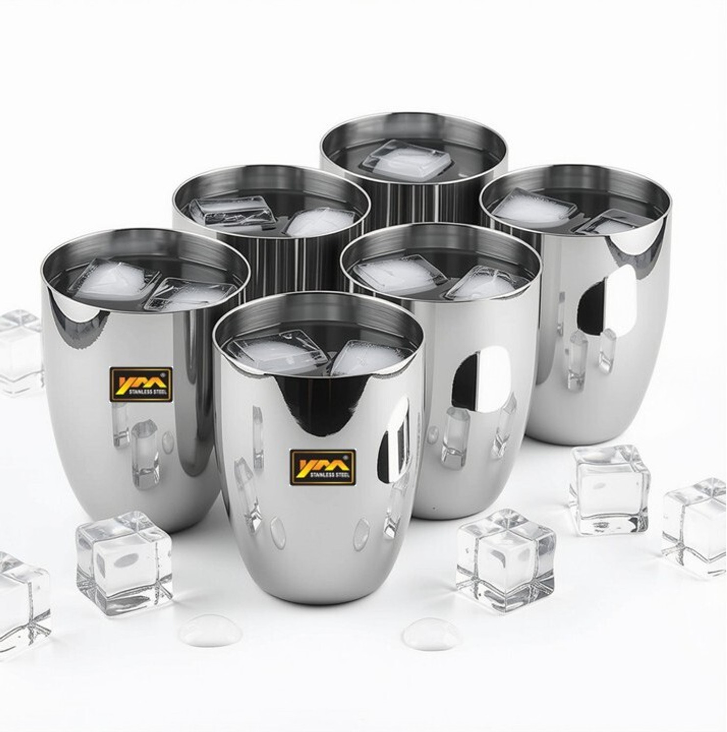 Image of YM Stainless (Pack of 6) Mirror Polished Glass Set Water /Juice Glass (350 ml, Steel, Silver)