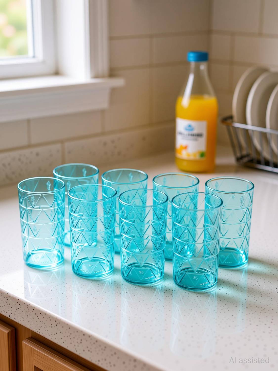 BELLERBIRD (Pack of 8) Light Blue Prism with morpicch designe shape Glass set for kitchen Glass Set Water/Juice Glass