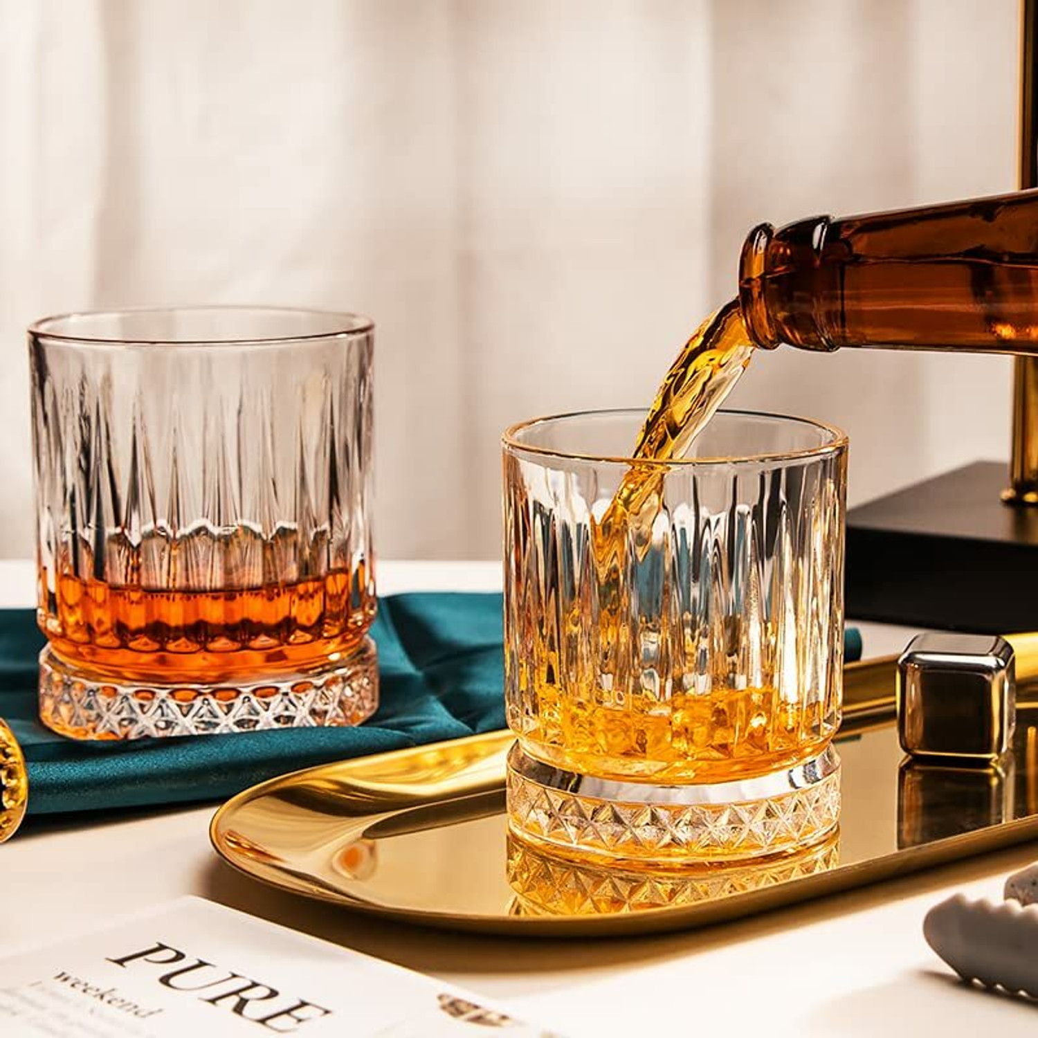Image of VLKMK (Pack of 6) Unique Daiamond Shaped Whiskey Glass, Unique Cool Crystal Rocks Whiskey Glasses for Scotch, Bourbon, Vodka, Liquor, wine, Rock Style Old Fashioned Drinking Glassware (Pack of 6 , 310ml) Glass Set Whisky Glass