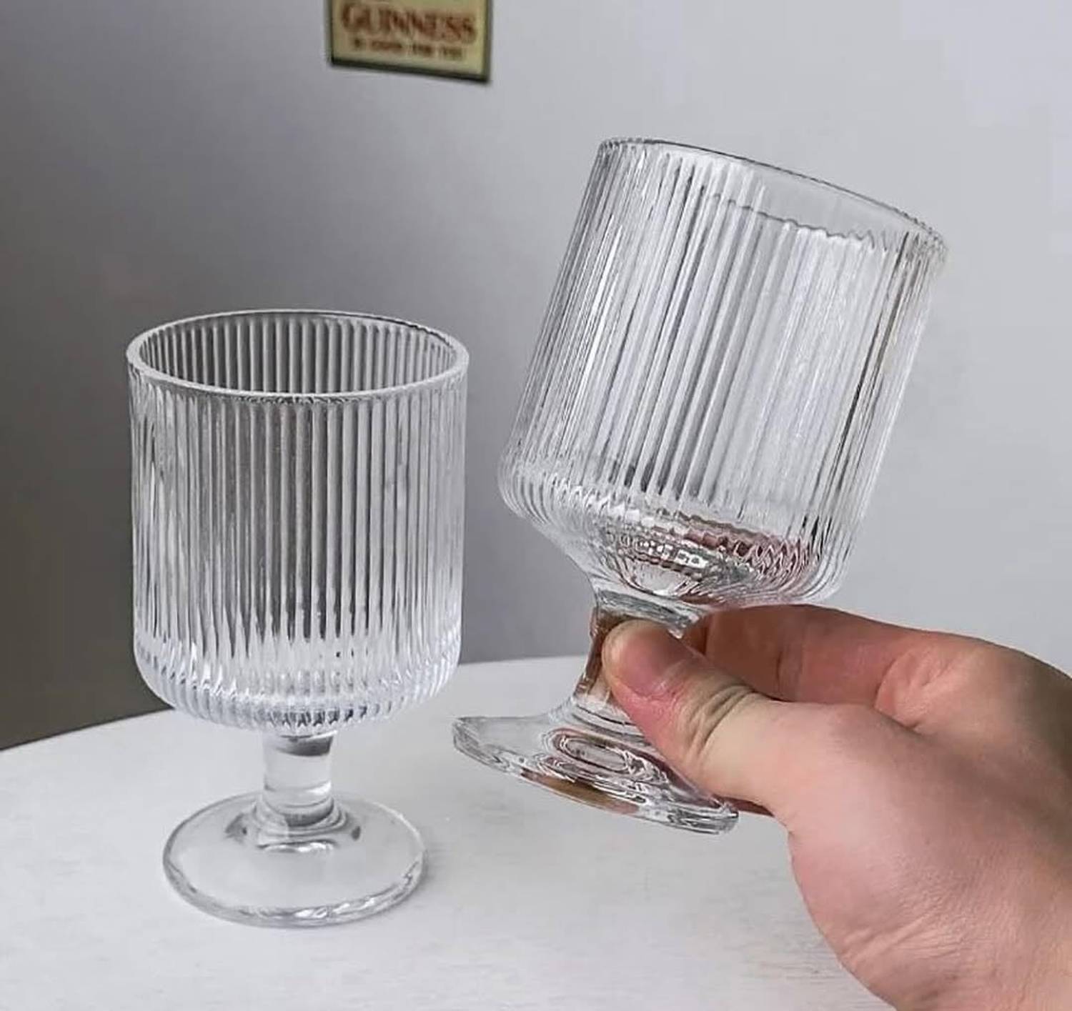 AAnami (Pack of 2) Ribbed Glasses, Vertical Stripe Stemmed Glassware, Origami Style Water Goblets Glass Set Wine Glass
