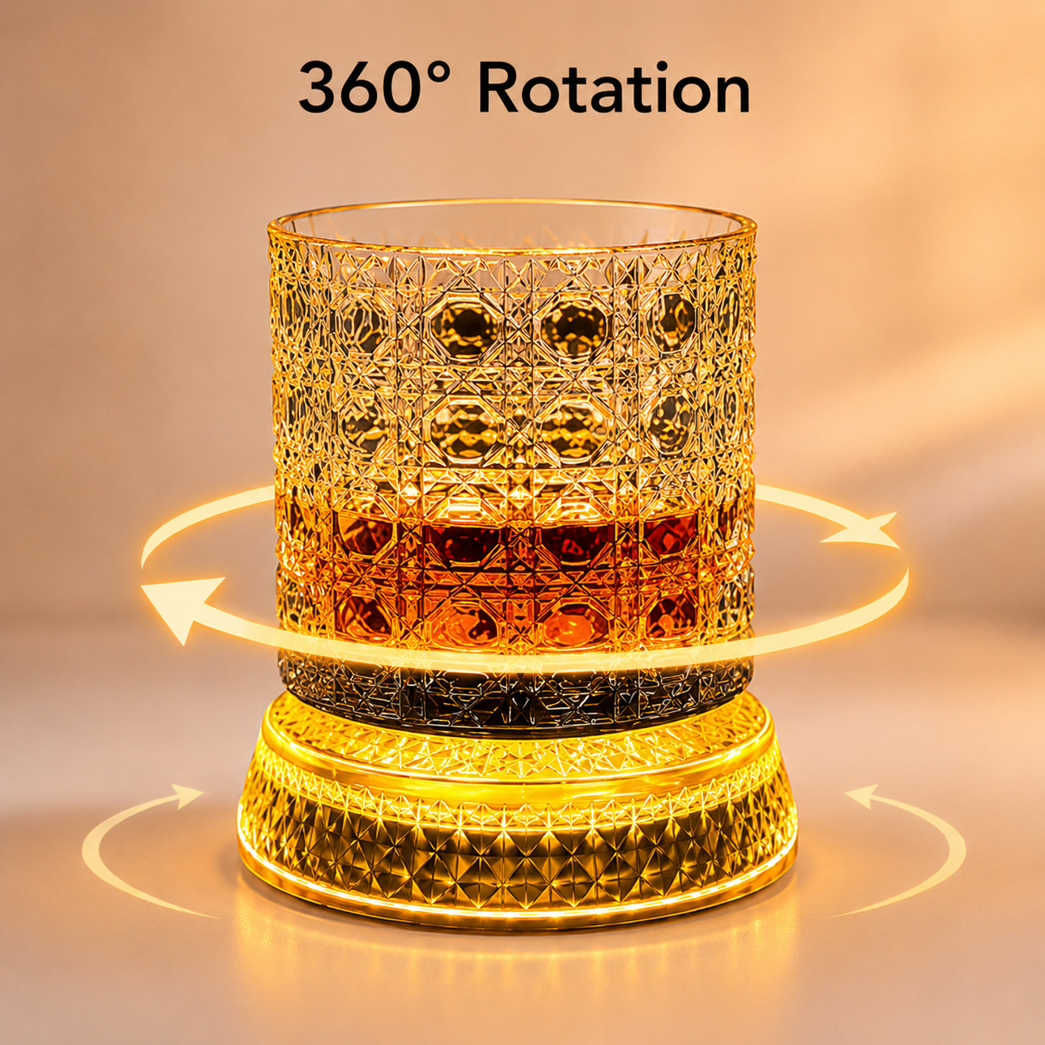 Image of glassco (Pack of 2) Luxury Rotating Crystal Cut Spinning Whisky Glass with Light Coaster set of 2 Glass Set Whisky Glass